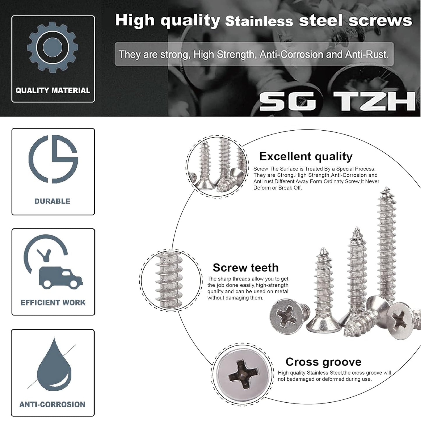 #4 x 1/2" Wood Screw 100Pcs 18-8 (304) Stainless Steel Screws Flat Head Phillips Fast Self Tapping Drywall Screws by SG TZH