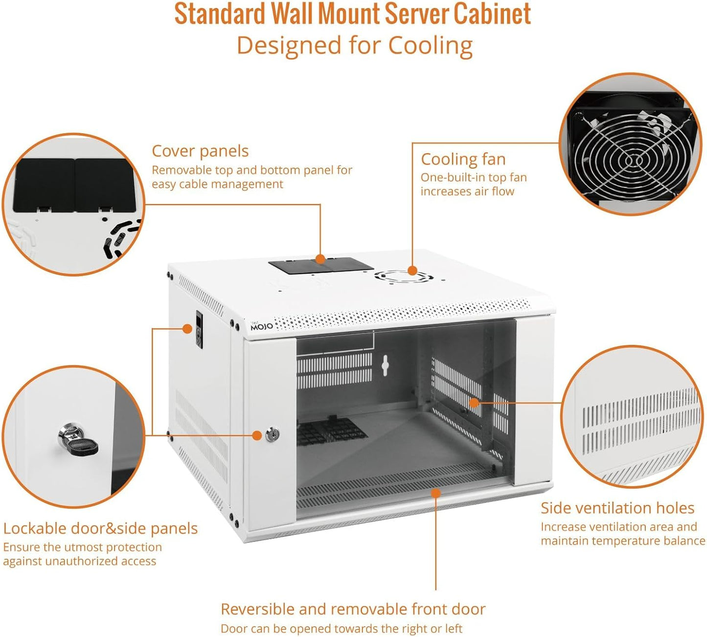 Tecmojo 6U Wall Mount Rack Network Cabinet for 19" IT Equipment,with Lockable Glass Door and Side Panels,Cooling Fan,17.7inch Depth,White