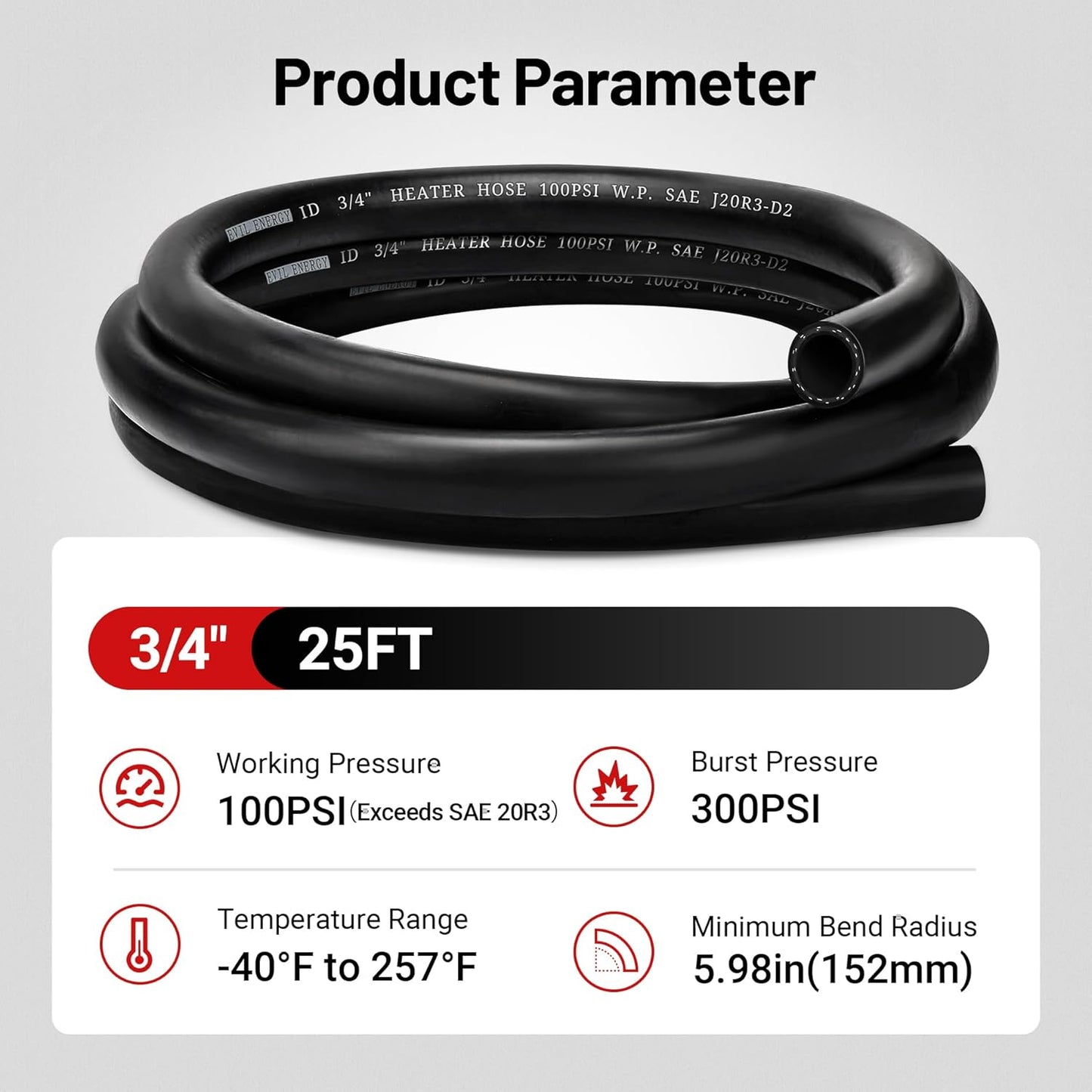 EVIL ENERGY 3/4" Heater Hose Coolant Radiator Straight 100PSI SAE 20R3 25FT Black