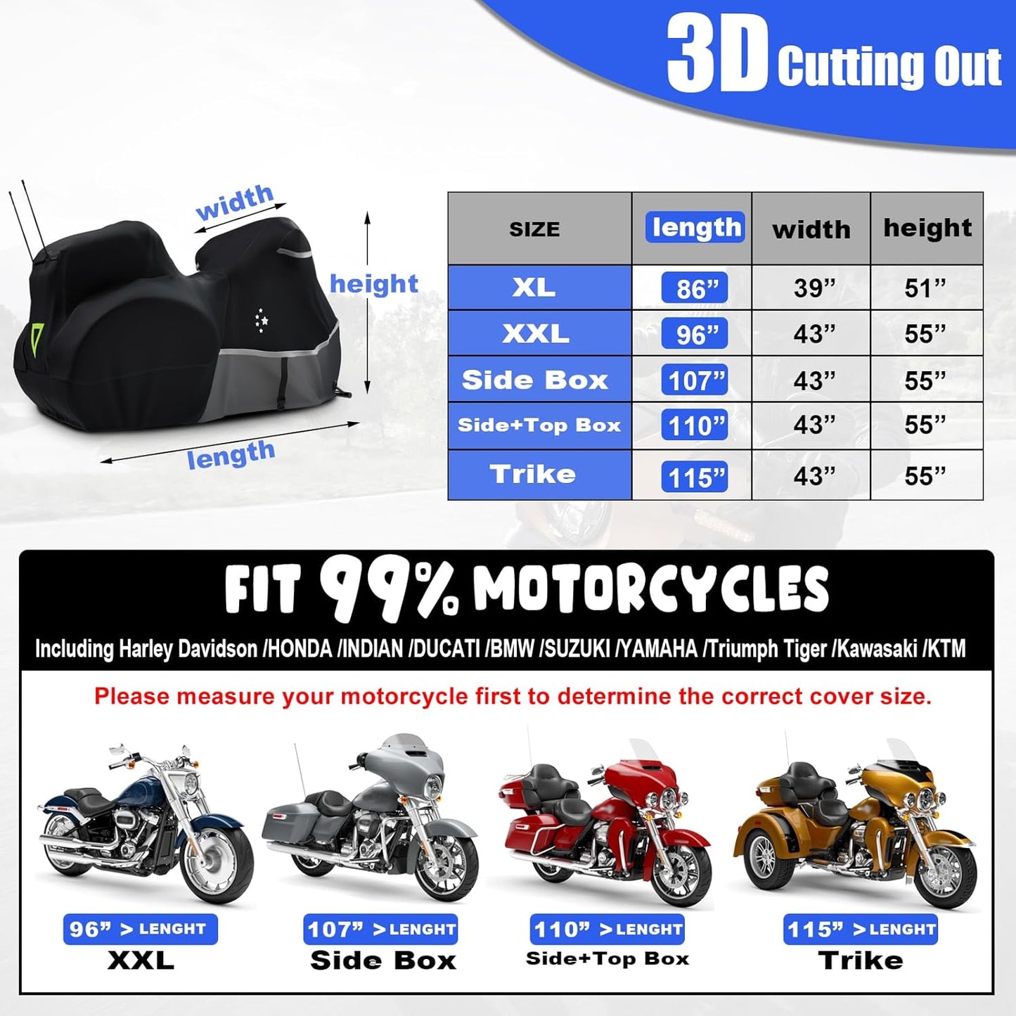 Motorcycle Cover with Side+Top Box Heavy Duty 420D Waterproof for Touring Models Harley Davidson Ultra Limited,Road Glide Limited, Gold Wing,Road Master,Indoor & Outdoor Storage Black