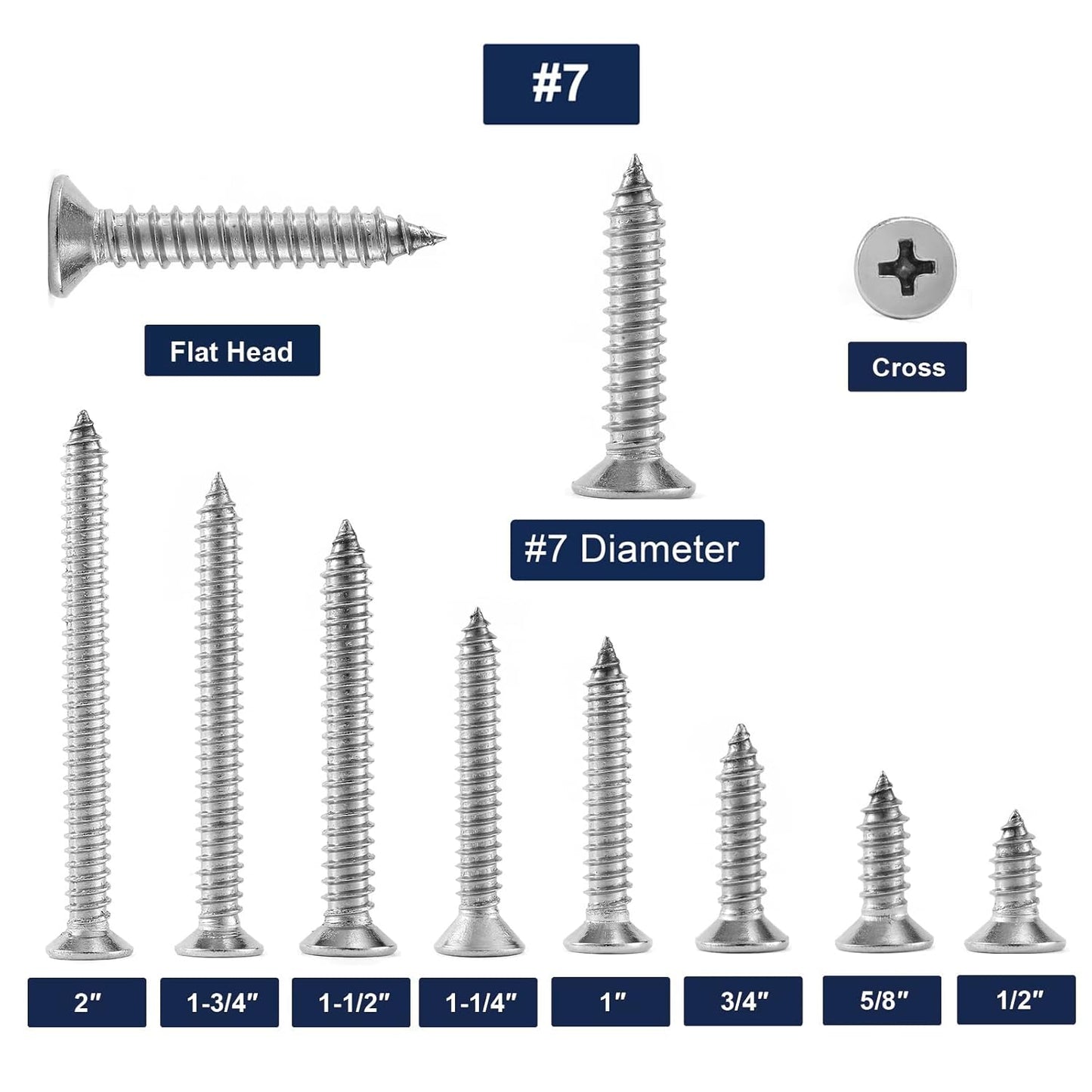 #7 x 1/2" Wood Screw 100Pcs 18-8 (304) Stainless Steel Screws Flat Head Phillips Fast Self Tapping Drywall Screws by SG TZH