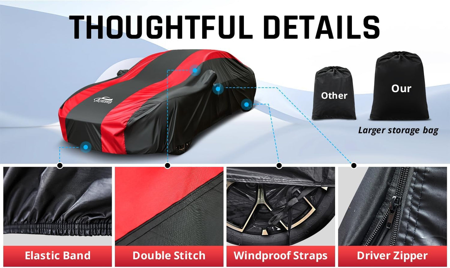 Small Car Cover Waterproof All Weather Protection with Red Stripe Design,Universal Fit Nissan Versa, Hyundai Accent, Mazda MX-3 RX8, Subaru BRZ, Audi TT, Porsche 718 Boxster Cayman