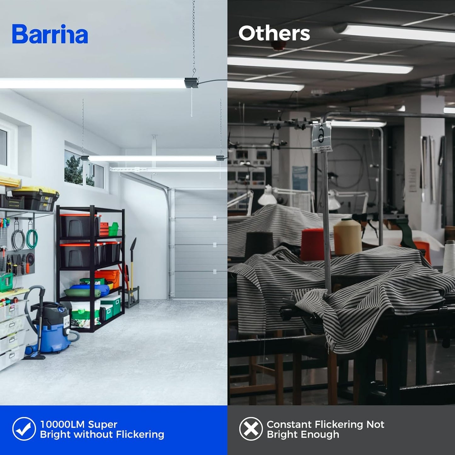 Barrina BS84 LED Shop Light for Garage, 10000LM, 84W, 4FT, 6500K Linkable Light Fixture for Workshop, Basement, Hanging or Flush Mount, Heat Dissipation with Pull Chain Switch, ETL,1 Pack
