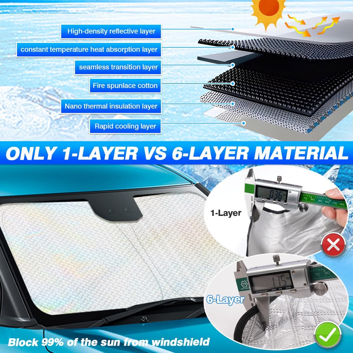 Windshield Sun Shade for 2024-2025 2026 Hyundai Santa Fe Accessories Thicken 6-Layer Front Window Sunshade Cover Sun Visor Protector Foldable Block UV Rays Keep Vehicle Cool