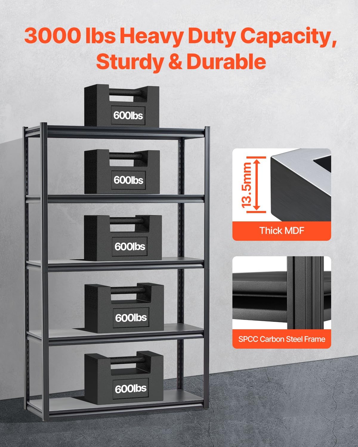 VEVOR Storage Shelves, 3000 lbs, 5 Tier Garage Storage Shelving, 18" D x 48" W x 78" H Adjustable Metal Shelves for Garage Shelves Utility Rack Shelf, Ideal for Kitchen, Warehouse, Basement, Black