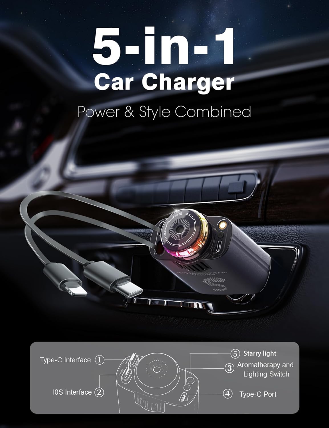 Retractable Car Charger USB C Fast Charging 120W, Car Accessories Cigarette Lighter Adapter with Aromatherapy Starlight, Car Charger iPhone16 15 14 13 12 11 Essentials Gift for Travelers, Men, Women
