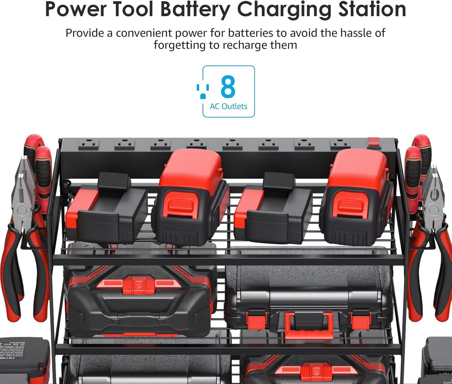 CCCEI Garage Tools Storage with Charging Station. Power Tool Battery Organizer Utility Shelf with Power Strip. 4 Drills Holder Wall Mount Rack, Black 5 Layer.