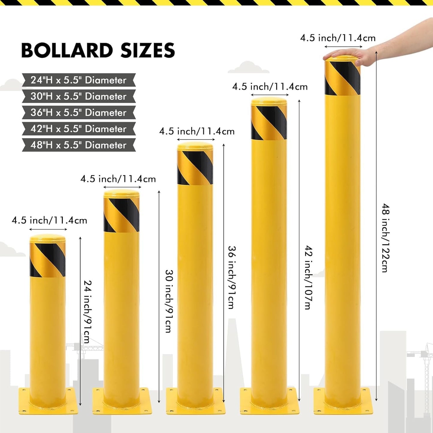 4 Pack Safety Bollard Post, 48 Inch Height 4.5 Inch Diameter Yellow Pipe Safety Steel Bollards with Anchor Bolts and Wrench, Steel Bollards for Road Warning Construction Traffic Control