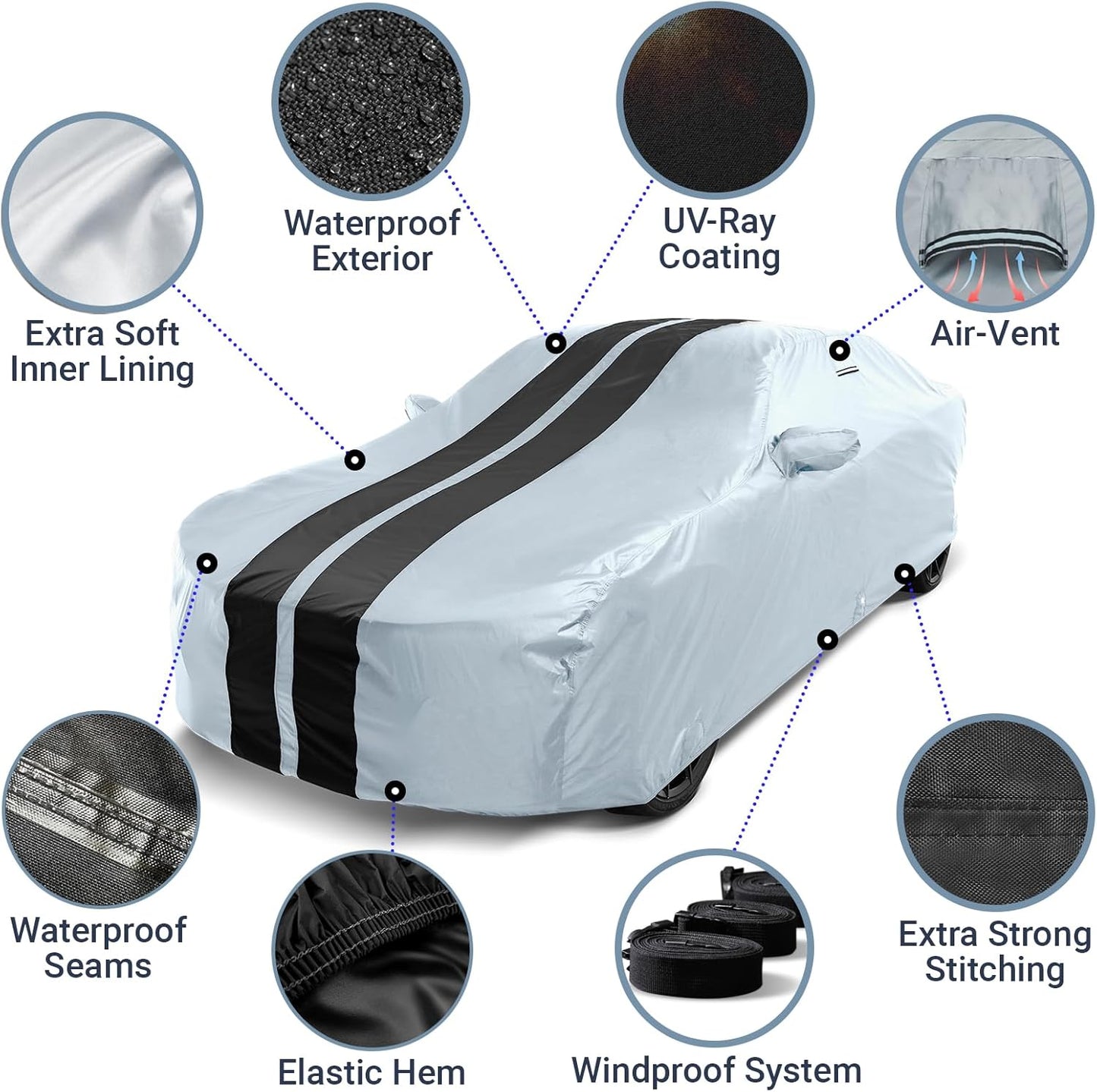 iCarCover Custom Car Cover for Chevy Malibu (1997-2025) Waterproof All Weather Rain Snow UV Sun Protector Full Exterior Indoor Outdoor Car Cover (Stripe - Gray/Black)