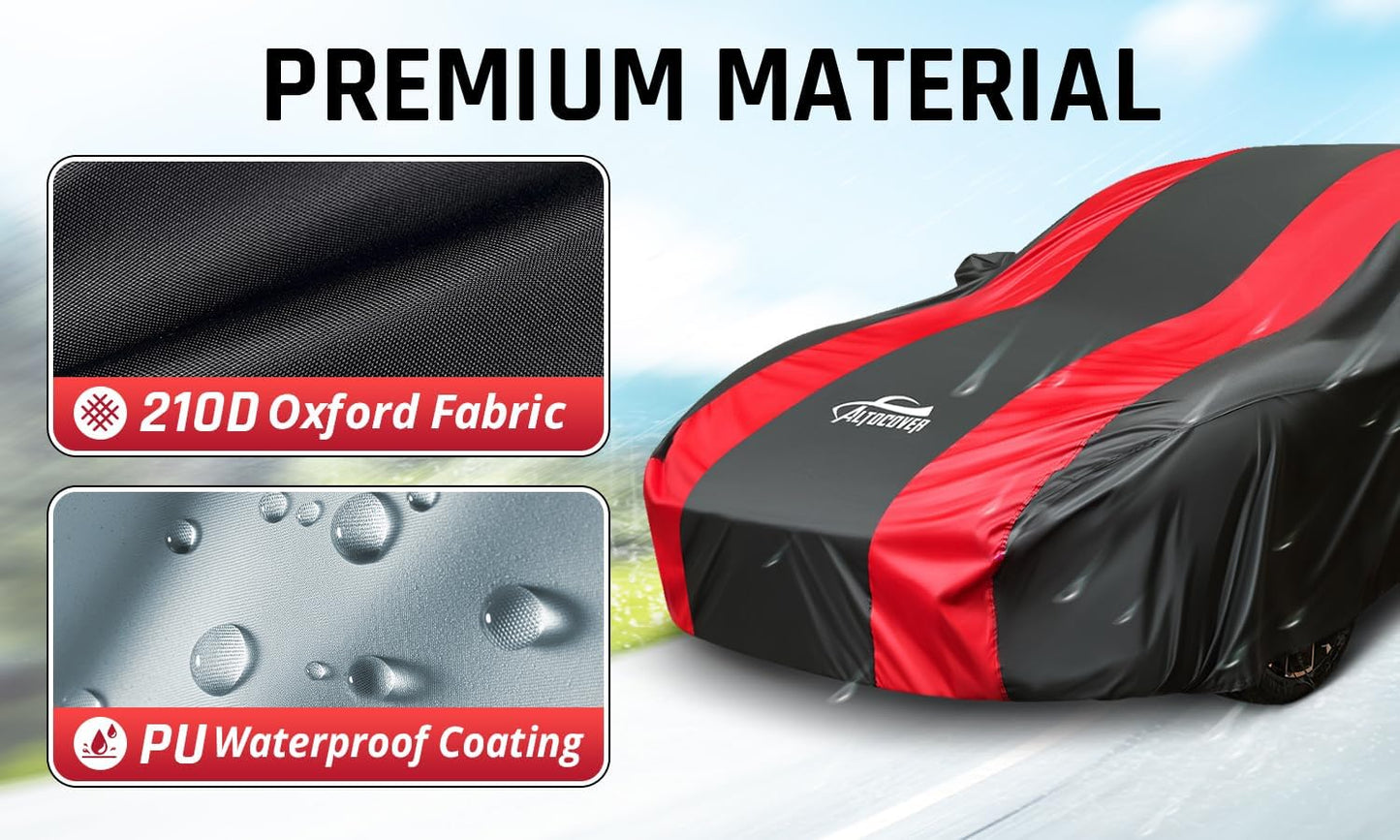 Small Car Cover Waterproof All Weather Protection with Red Stripe Design,Universal Fit Nissan Versa, Hyundai Accent, Mazda MX-3 RX8, Subaru BRZ, Audi TT, Porsche 718 Boxster Cayman