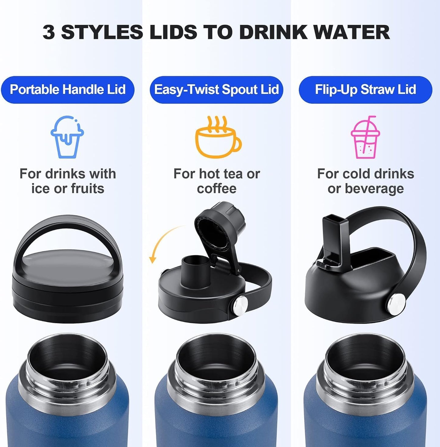 SENDESTAR 40oz Stainless Steel Water Bottle(Cold for 48 Hrs, Hot for 24 Hrs),Double Wall Vacuum Insulated Bottle with Straw Lid, Spout Lid and Flex Cap, Fit in Any Car Cup Holder