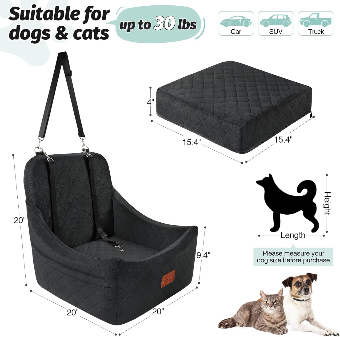 Dog Car Seat for Dogs Up to 35lbs,Fully Detachable and Washable,Memory Foam Covered Soft Fabric,Easy to Install with Adjustable Straps,Anti-Slip Bottom,Two Side Pockets(Black,Medium)