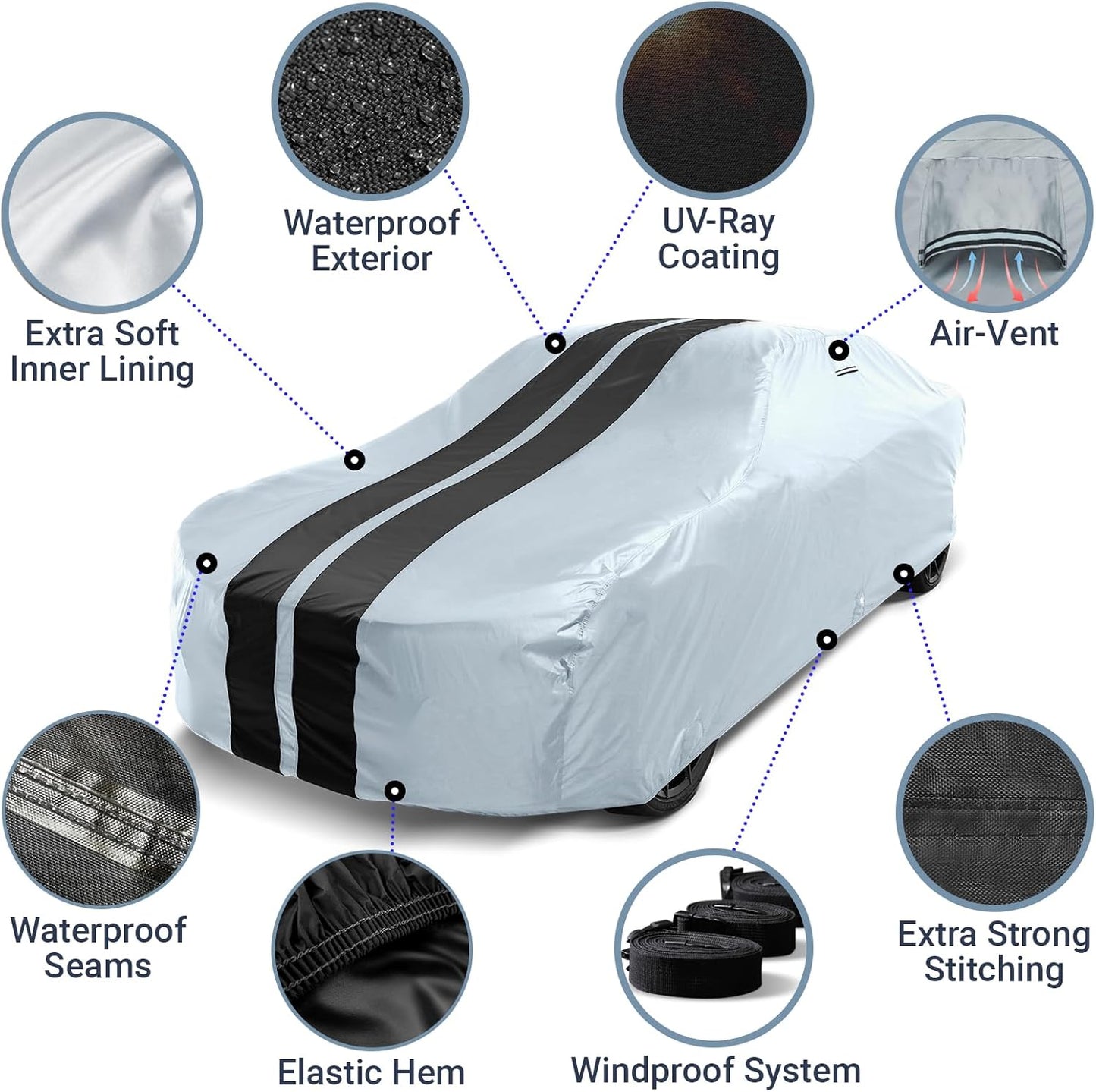 iCarCover Custom Car Cover for Chevy Impala (1994-1996) Waterproof All Weather Rain Snow UV Sun Protector Full Exterior Indoor Outdoor Car Cover (Stripe - Gray/Black)