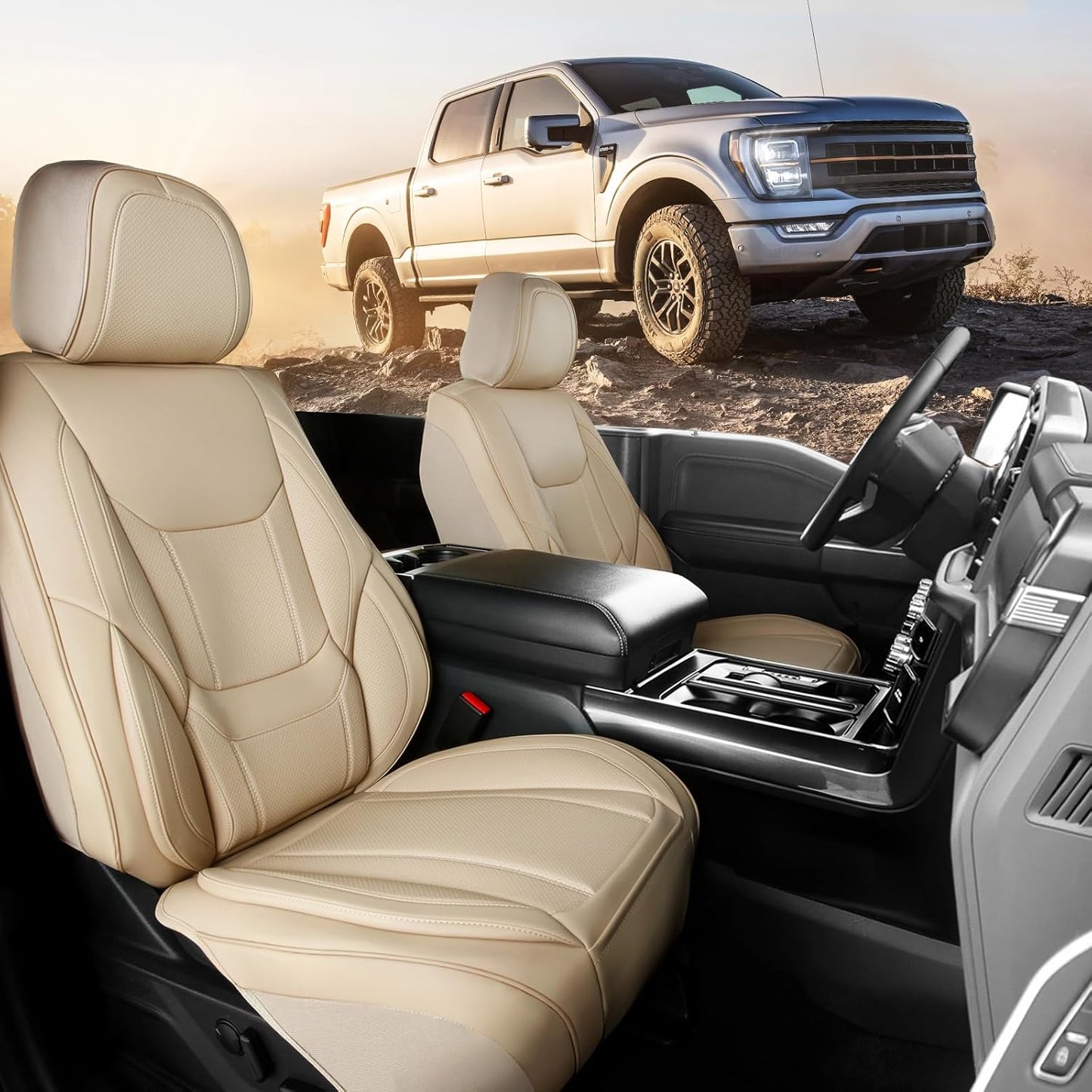 Coverland Custom Car Seat Covers Compatible with 2006-2014 Ridgeline Crew Cab - Premium Leather Non-Slip Memory Foam Waterproof Cover Interior Protector Front Seat-Beige [See Size Chart-Size A29]