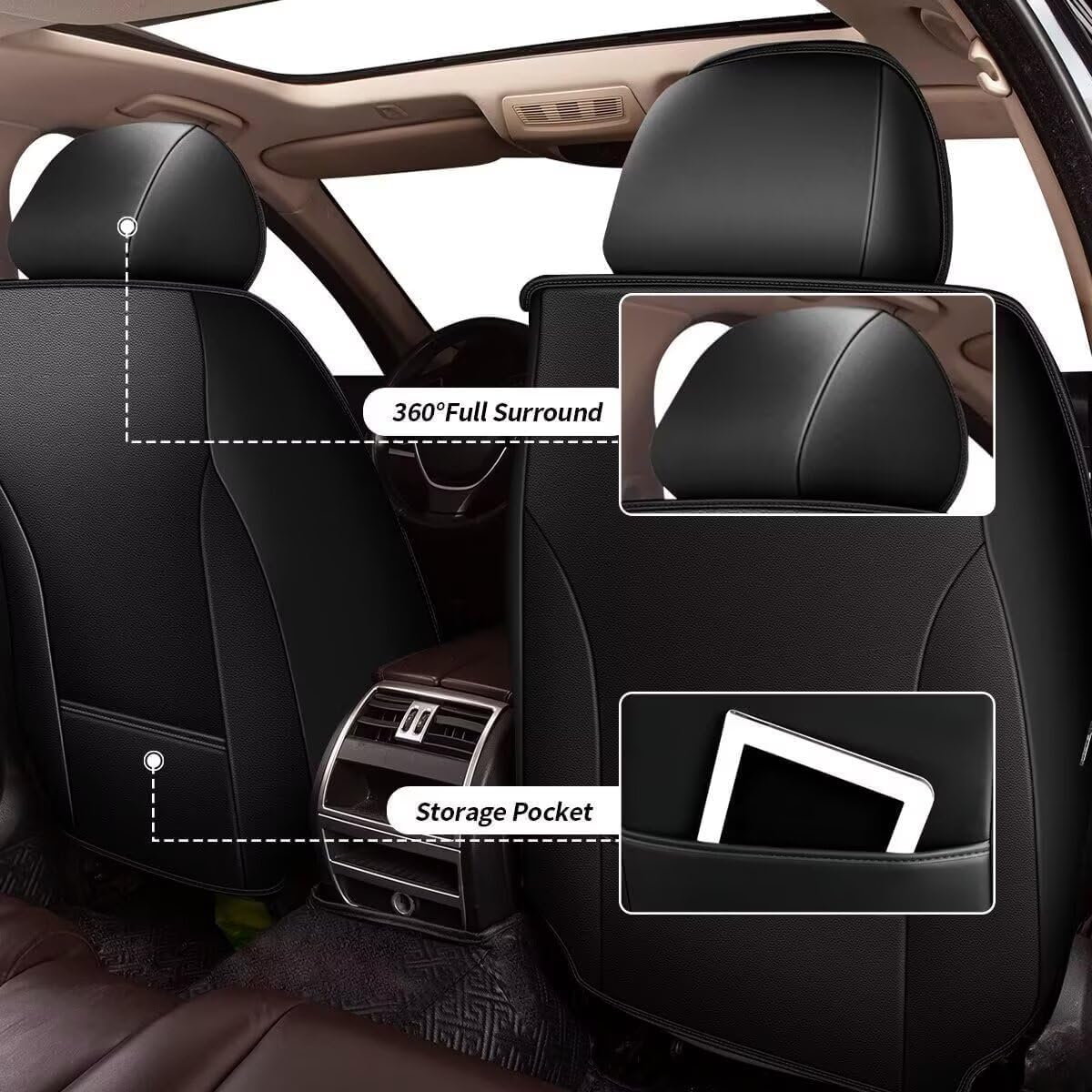 YORKNEIC Leather Car Seat Covers Fit for Hyundai Kona 2018-2025: 5 Seats Full Set Seat Covers - Waterproof Auto Seat Protector Compatible Airbag (Black&Grey)