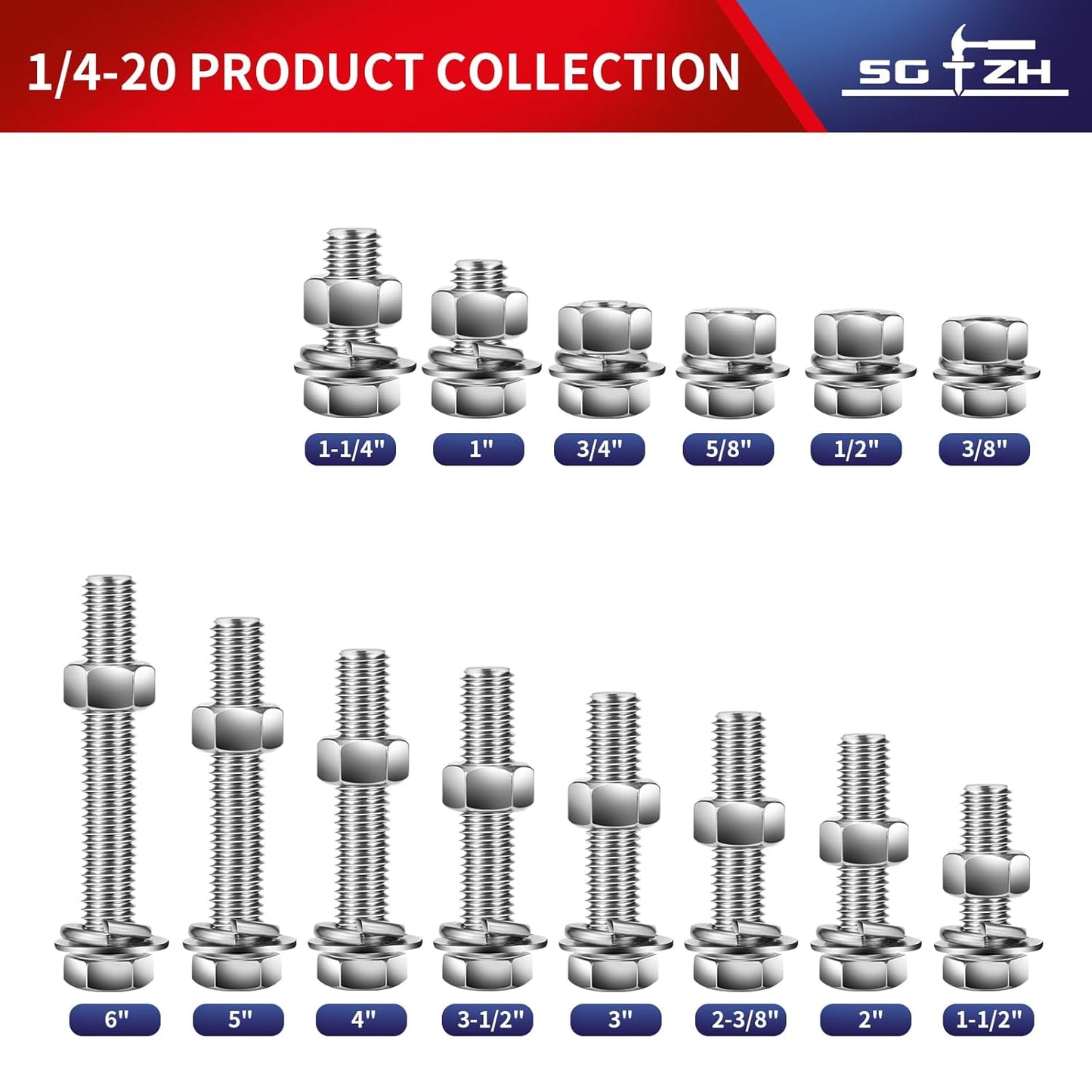 1/4-20 x 2-3/8" Hex Head Screw Bolt, Nuts, Flat & Lock Washers, 10Pcs 18-8 (304) Stainless Steel, Fully Threaded, by SG TZH