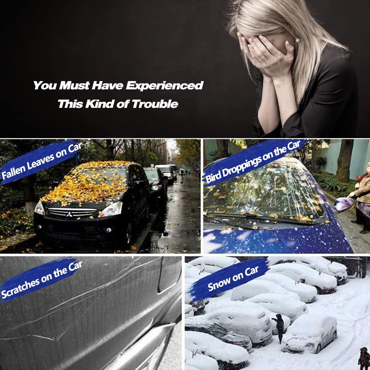 AUQDD 6-Layers PEVA New Material Sedan SUV Full Padded Car Cover Waterproof All Weather Weatherproof UV Sun Protection Snow Dust Storm Resistant Outdoor Exterior Custom Form-Fit Straps 178"-190" Black