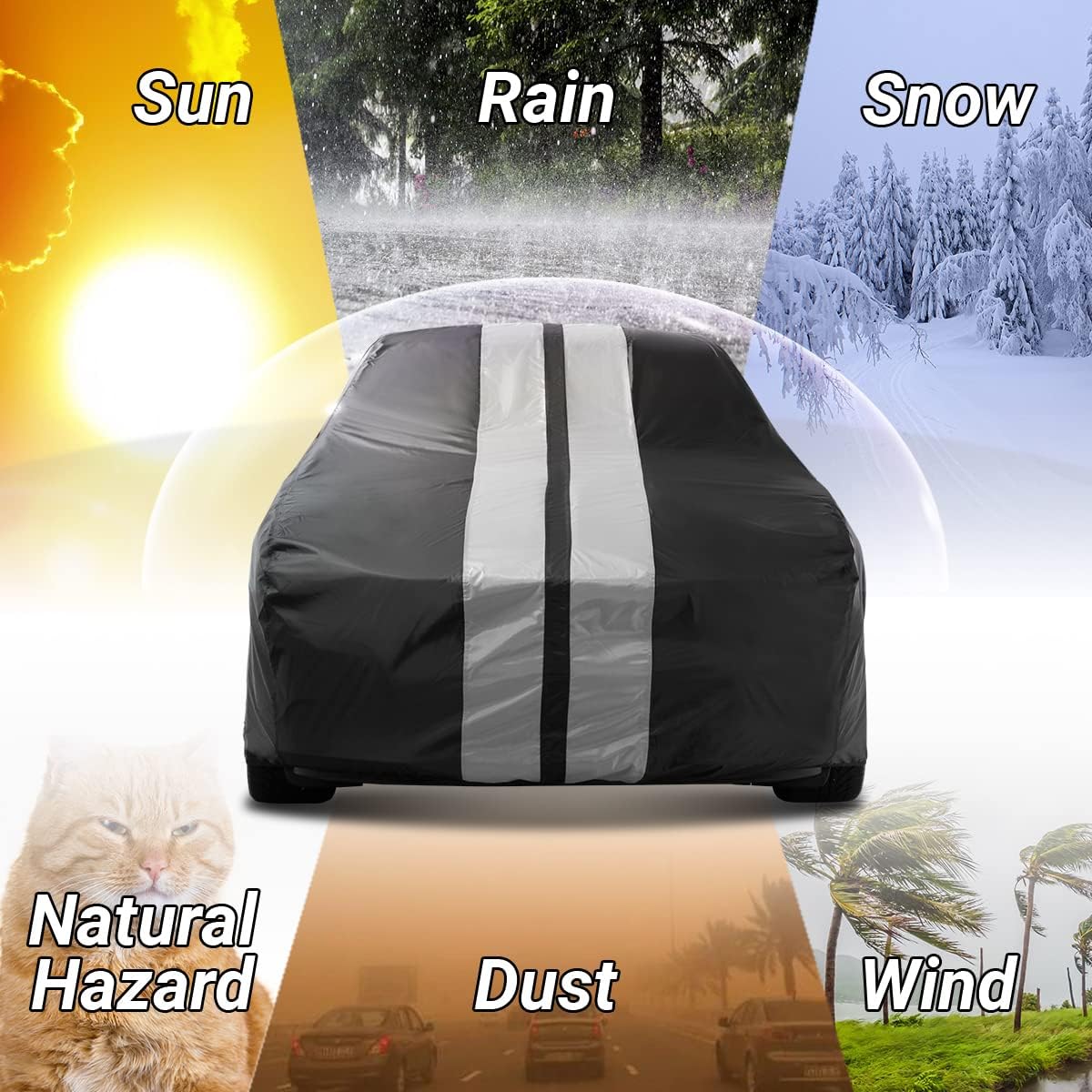 iCarCover Custom Car Cover for 1964-1968 Ford Mustang Waterproof All Weather Rain Snow UV Sun Protector Full Exterior Indoor Outdoor Car Cover (Stripe - Black/Gray)