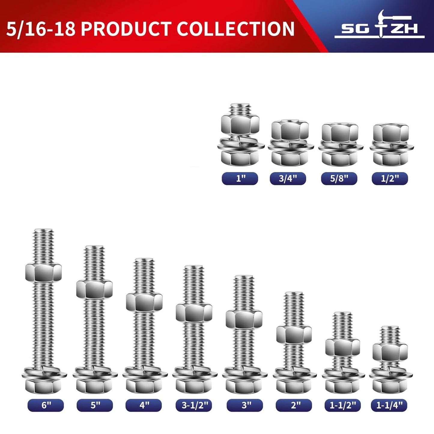 5/16-18 x 3-1/2" Hex Head Screw Bolt, Nuts, Flat & Lock Washers, 10Pcs 18-8 (304) Stainless Steel, Fully Threaded, by SG TZH