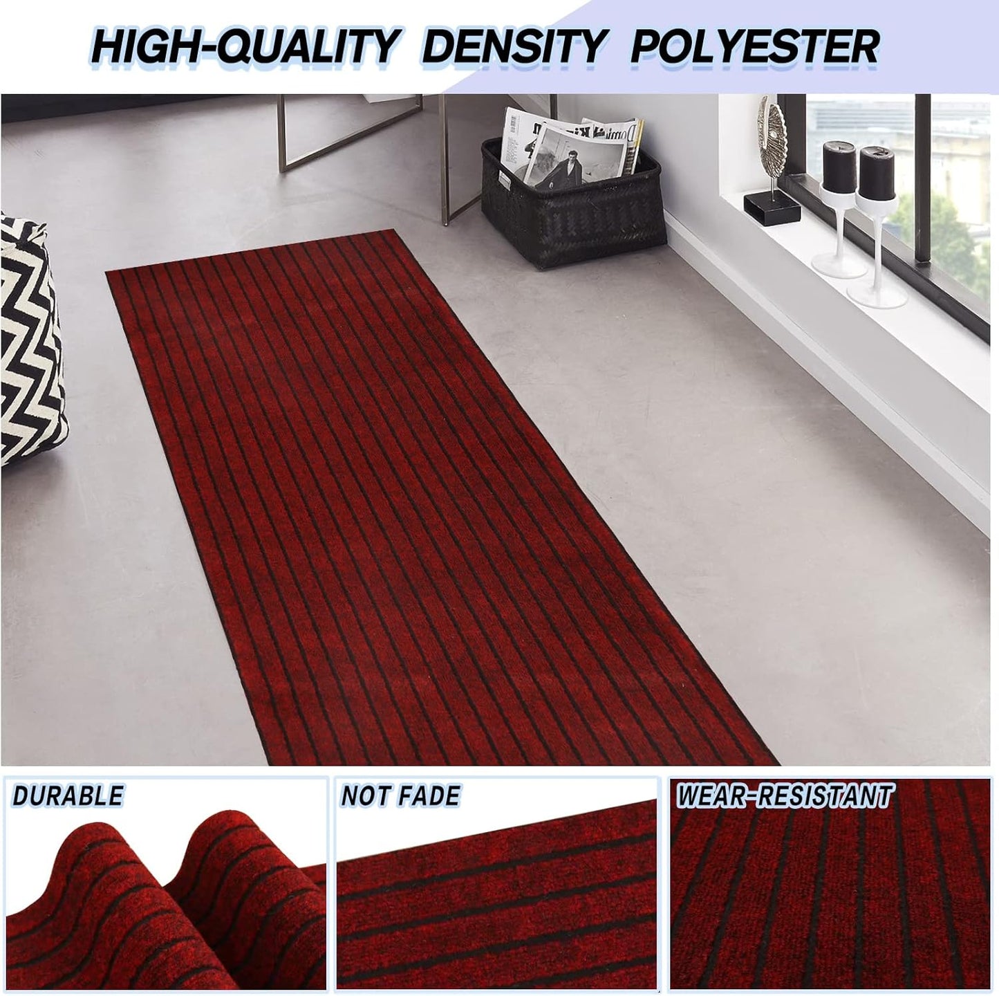 Custom Size Backed Non-Slip Area Rugs Runner, Easy Clean, Waterproof Runner Rugs for Hallway Entryway, Kitchen, Laundry, 3FT x 17FT, Red Stripe