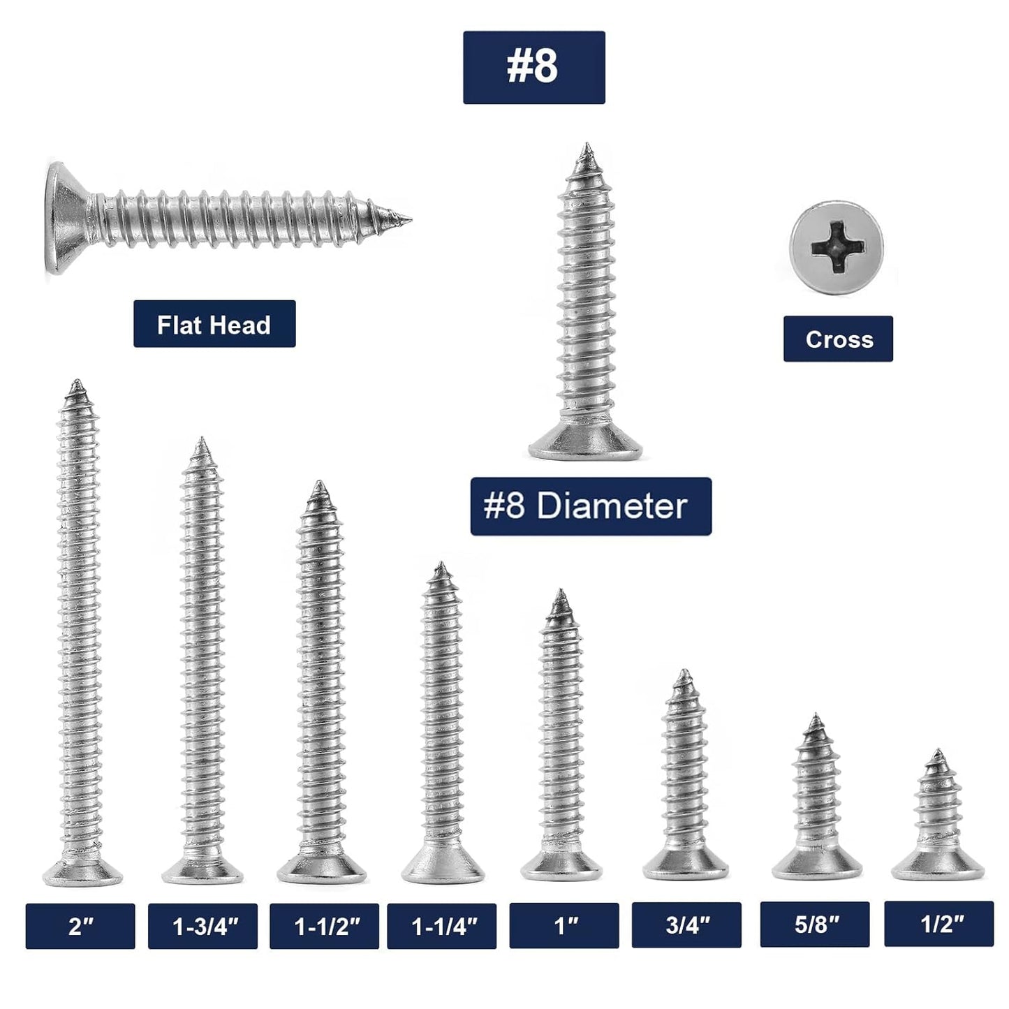 #8 x 1-1/2" Wood Screw 100Pcs 18-8 (304) Stainless Steel Screws Flat Head Phillips Fast Self Tapping Drywall Screws by SG TZH
