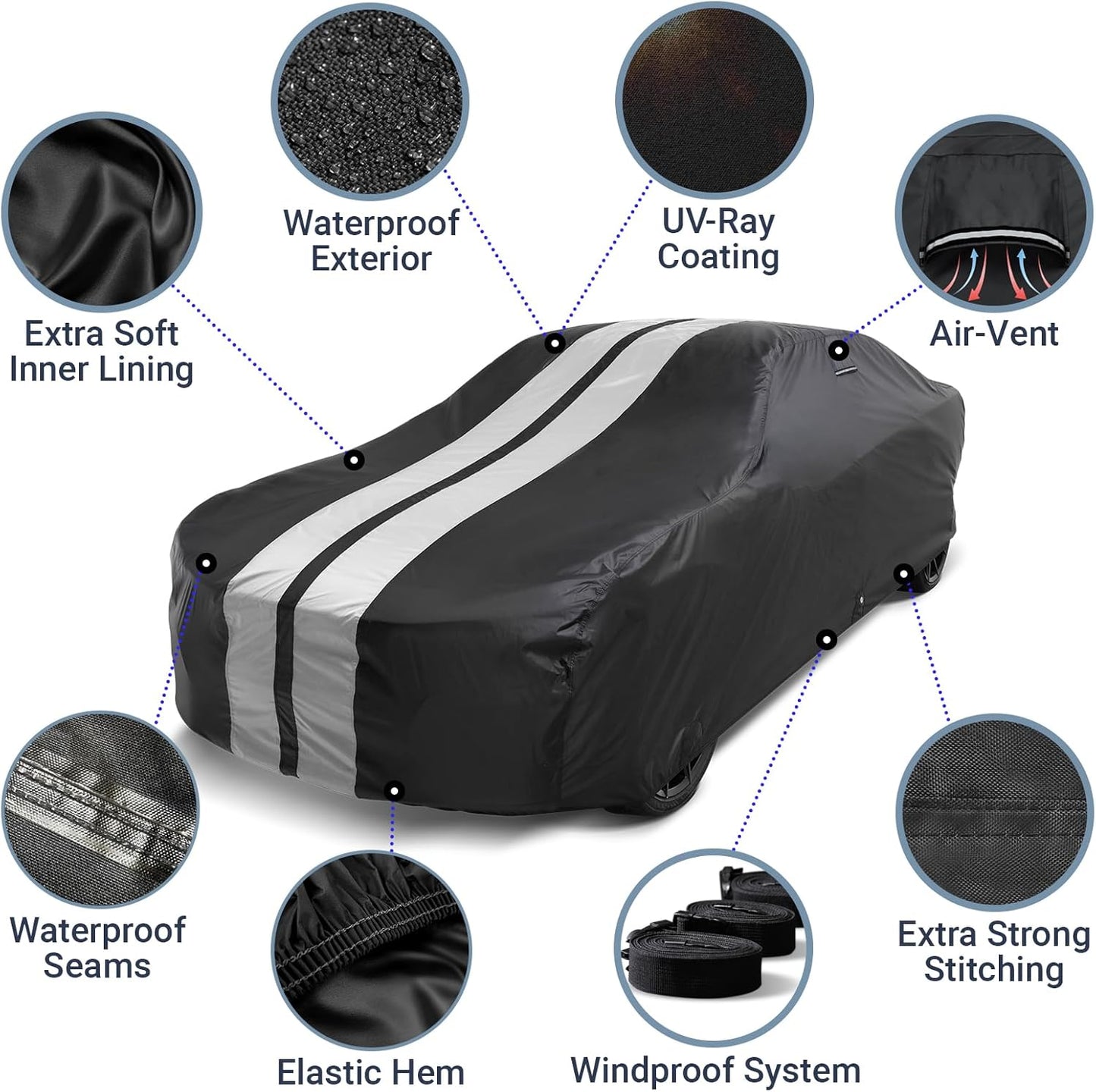 iCarCover Custom Car Cover for Chevy Bel Air 4-Door (1972-1975) Waterproof All Weather Rain Snow UV Sun Protector Full Exterior Indoor Outdoor Car Cover (Stripe - Black/Gray)