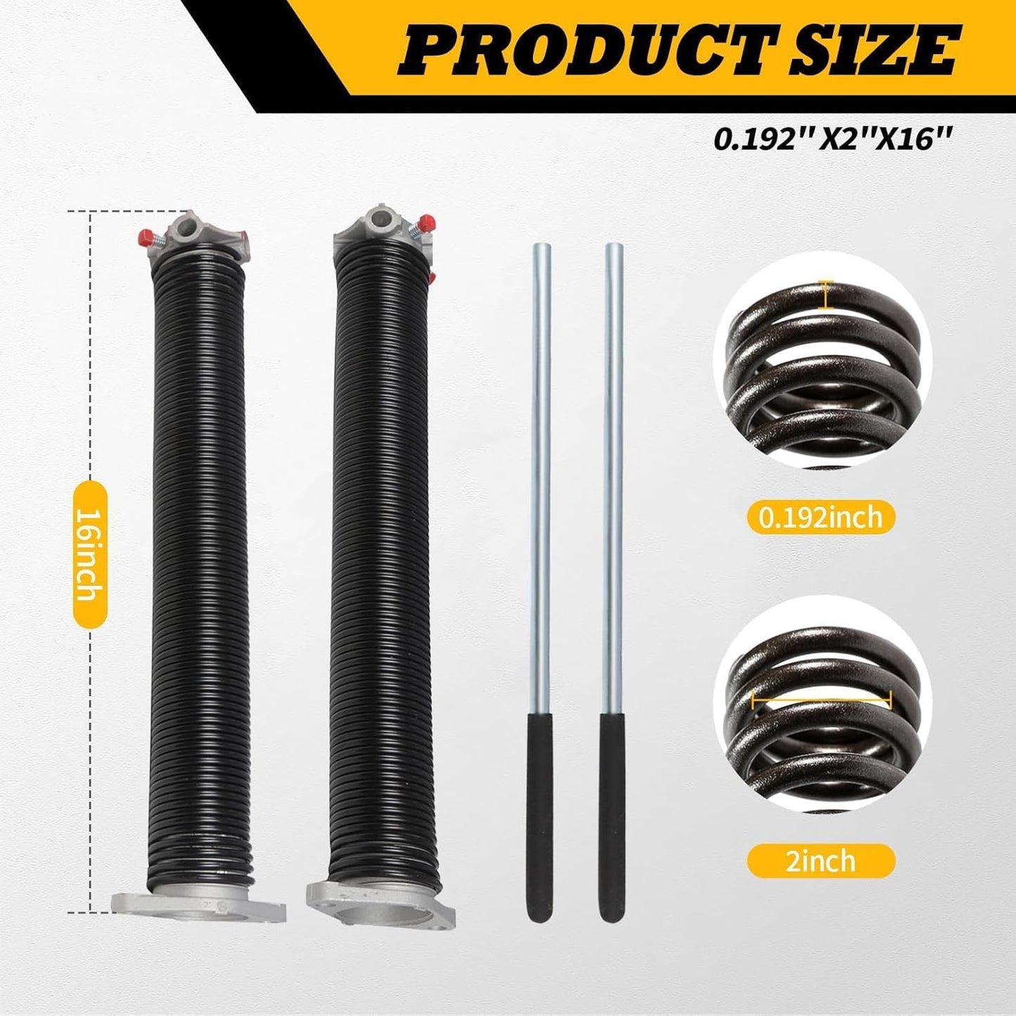 Pair of 2"Garage Door Torsion Springs Set with Non-Slip Winding Bars, Electrophoretic Coated (0.192X2"X16")