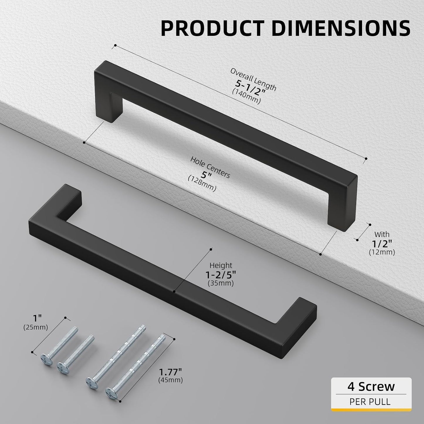 goldenwarm 50 Pack 5 Inch Black Cabinet Handles - Matte Black Drawer Pulls Stainless Steel - 128mm Cabinet Hardware Square Bar Modern Cabinet Pulls for Kitchen Bathroom Cupboard