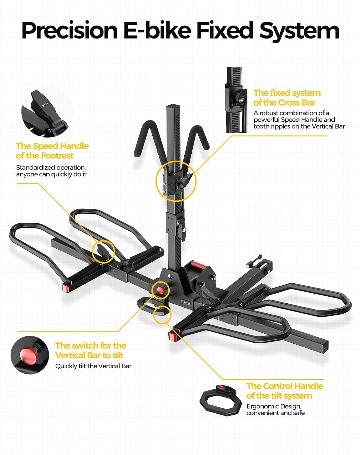 KYX 220 lb Hitch Mounted E-Bike Rack, 2-Bike Rack Hitch Mount Platform Style for Cars Trucks SUVs Minivans, fits MTB Gravel Road Bike with Up to 5-inch Fat Tire Carrier Rack - 2" Hitch Receiver