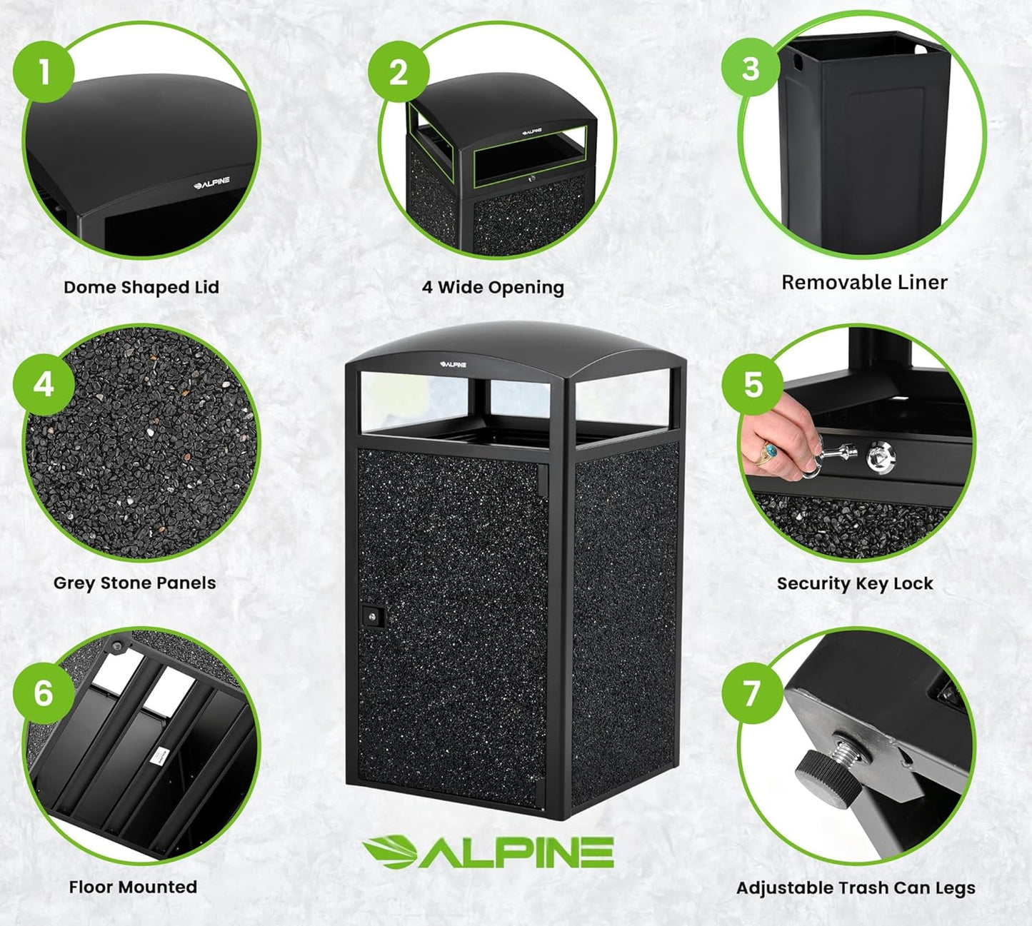 Alpine Outdoor Commercial Trash Can with Lid - 55 Gallon Heavy Duty Steel Garbage Can with Removable Bin, Locking Door for a Modern Look in Park, Mall & High Traffic Areas - Black, Grey Stone Panels
