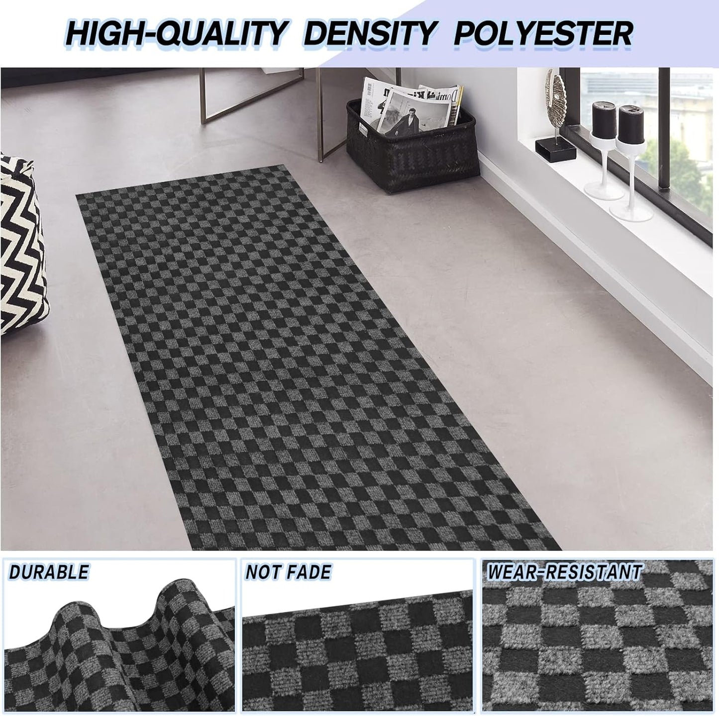 Custom Size Backed Non-Slip Area Rugs Runner, Easy Clean, Waterproof Runner Rugs for Hallway Entryway, Kitchen, Laundry, 3FT x 17FT, Gray Checkered