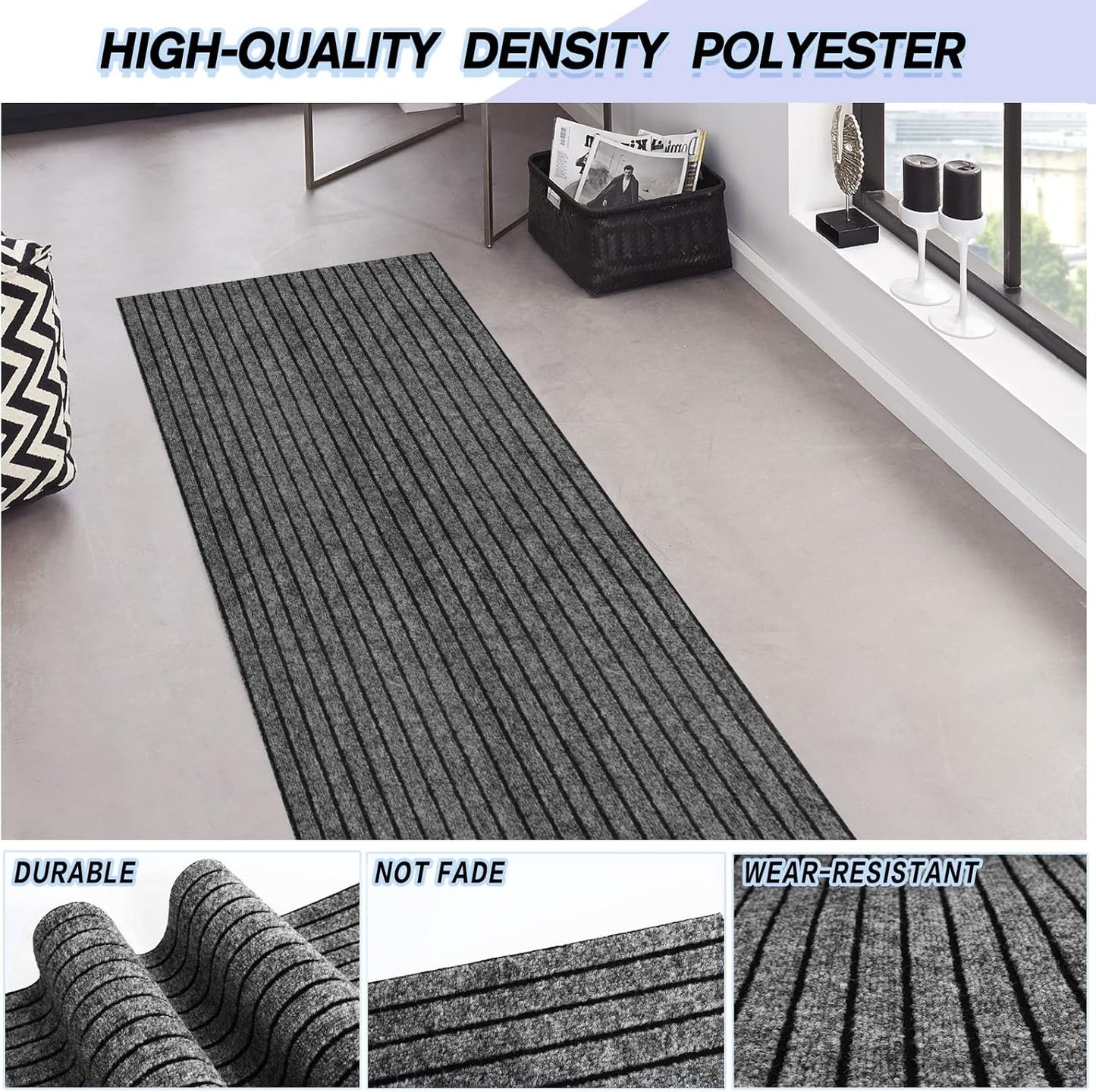 Custom Size Backed Non-Slip Area Rugs Runner, Easy Clean, Waterproof Runner Rugs for Hallway Entryway, Kitchen, Laundry, 4FT x 80FT, Gray Stripe