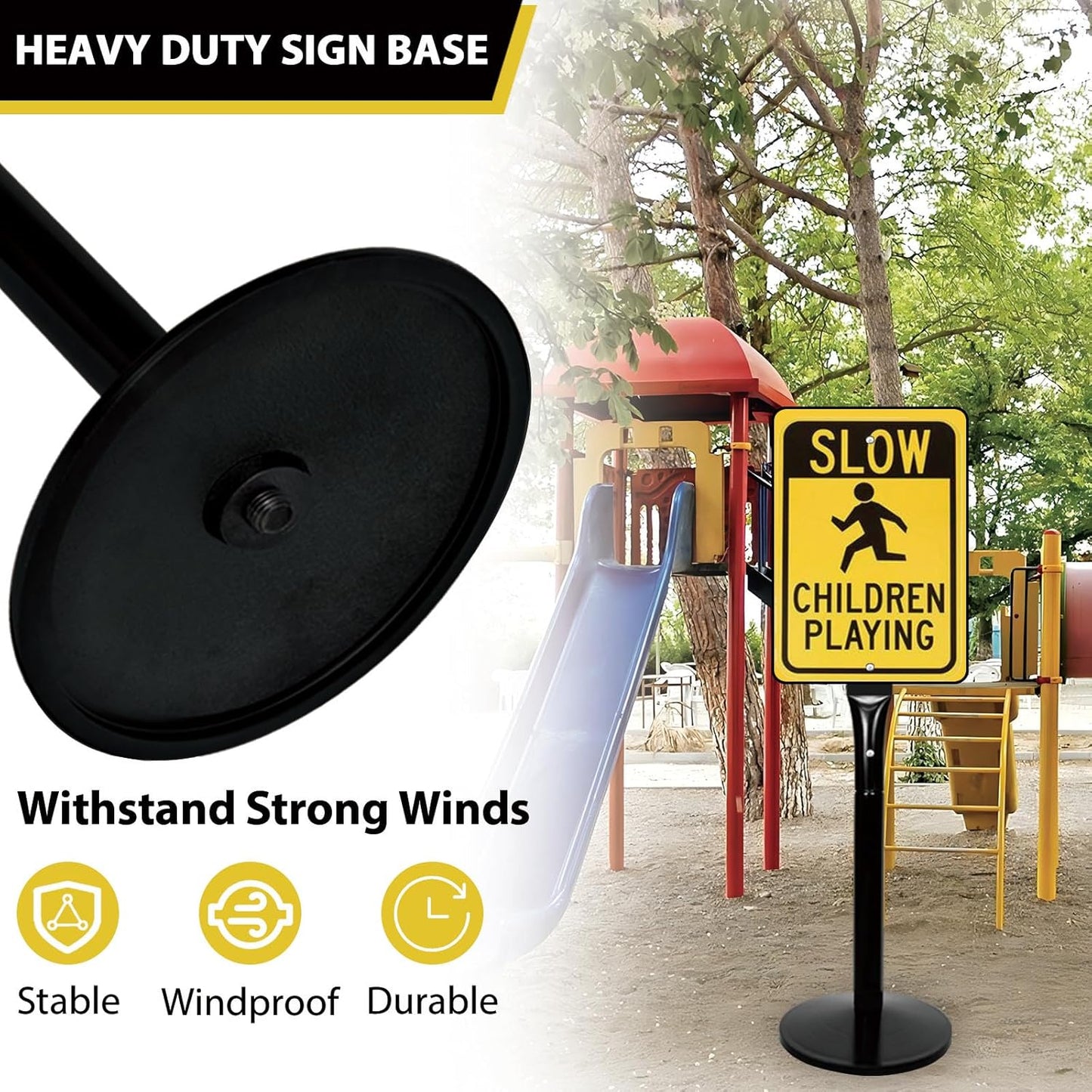Parking Sign Post with Base - 15 Lbs Heavy Duty Parking Sign Stand for Hanging Traffic Construction Street Warning Notice, Movable Black Cast Iron Base Stand for Outdoor Use, 1 Pack