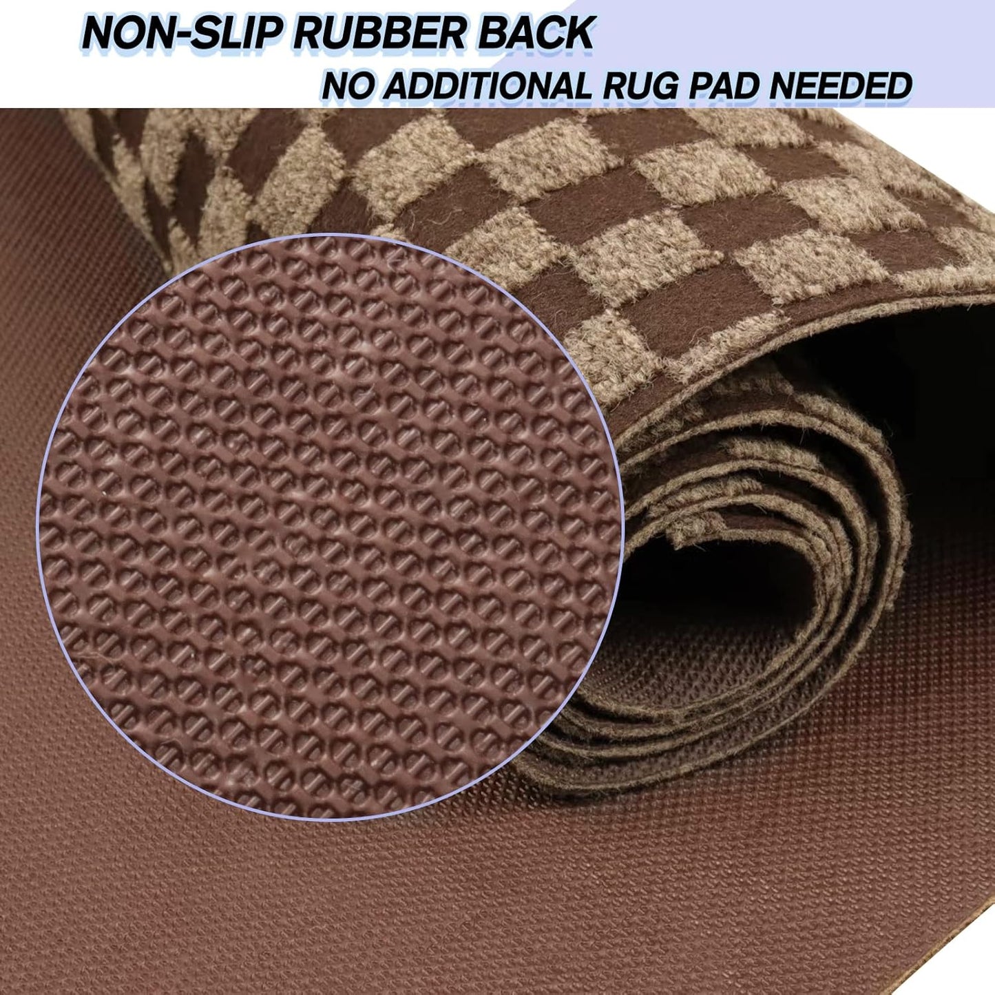 Custom Size Backed Non-Slip Area Rugs Runner, Easy Clean, Waterproof Runner Rugs for Hallway Entryway, Kitchen, Laundry, 3FT x 60FT, Brown Checkered