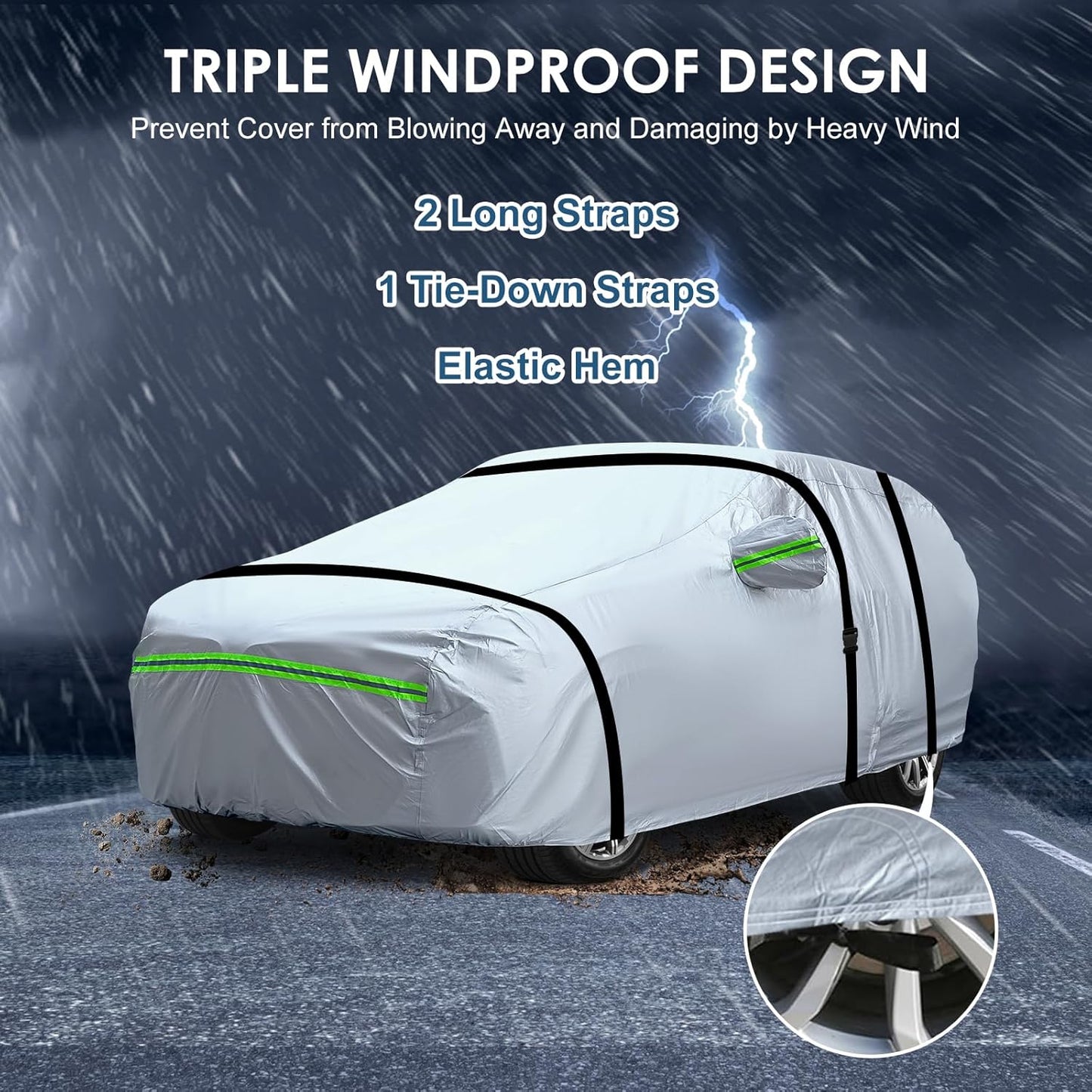 AUQDD 6-Layers Premium Sedan Car Cover Waterproof All Weather Weatherproof UV Sun Protection Snow Dust Storm Resistant Outdoor Exterior Custom Form-Fit Full Padded Car Cover with Straps 165"-181" K1