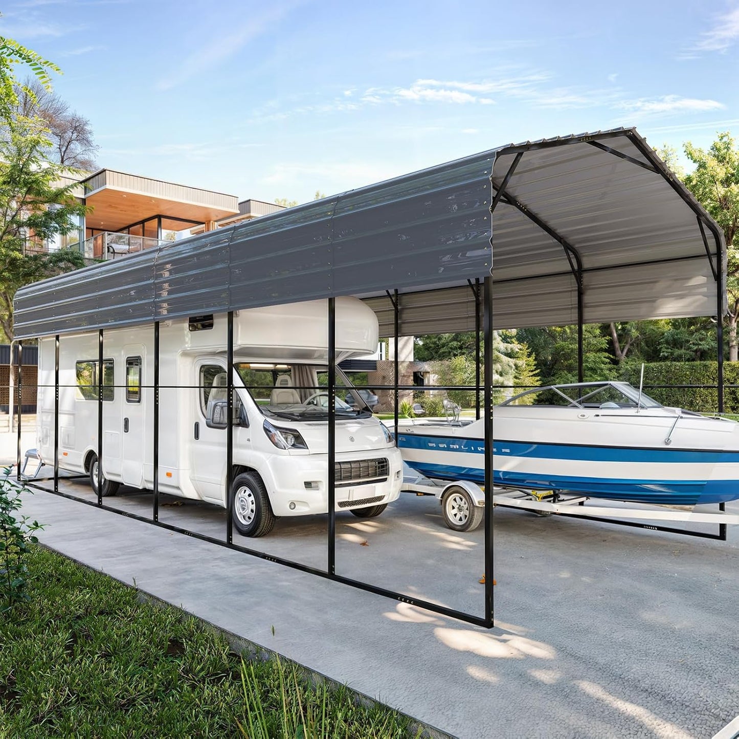 EROMMY 14x30 FT RV Carport, Heavy Duty Car-Port with Reinforced Metal Frame, Weather-Resistant Galvanized Steel Roof Shelters, Outdoor Car-Shed for RV, 2 Vehicles, Truck, Boat and SUV, Gray