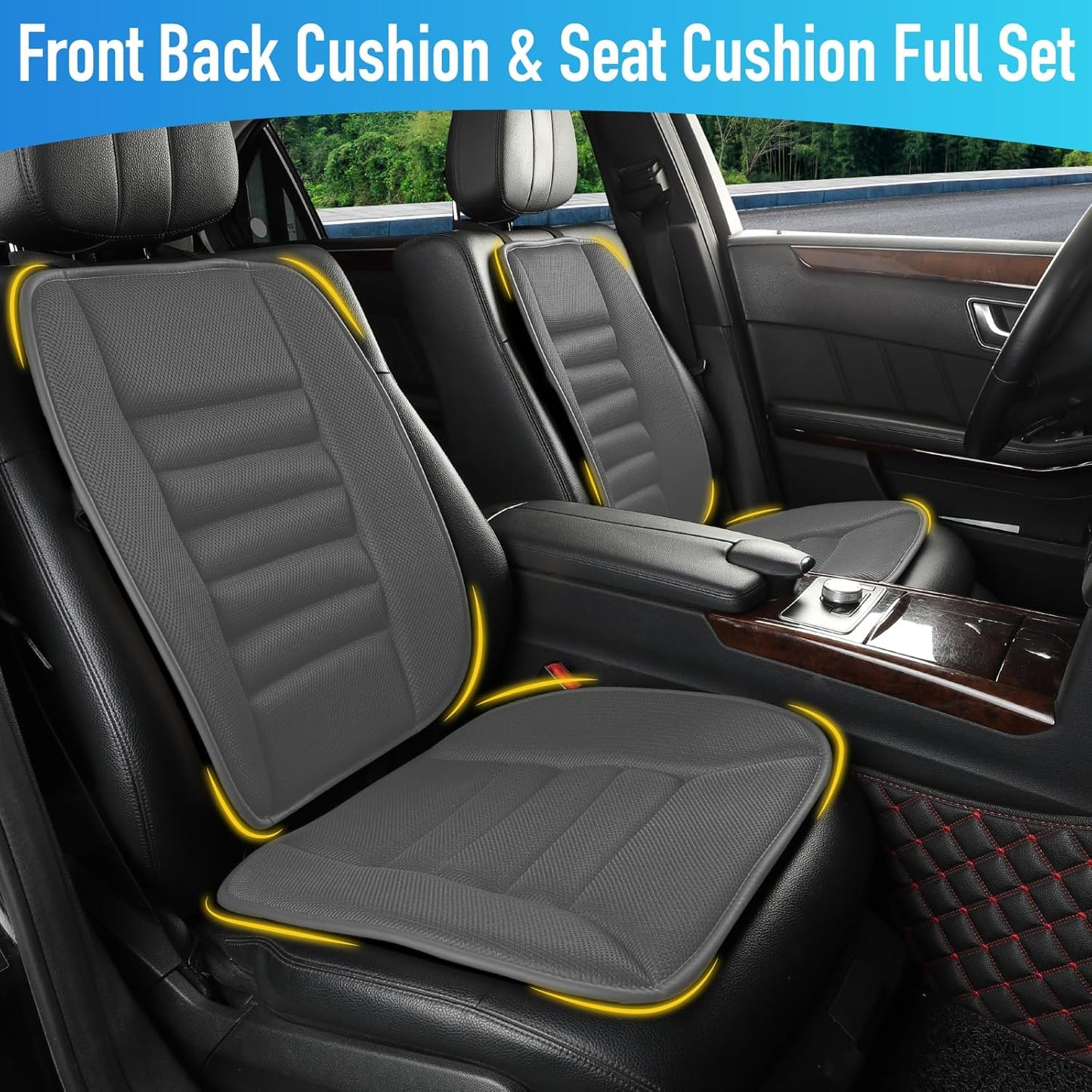 Memory Foam Car Seat Cushion with Lumbar Support Pillow - 4D Mesh Ventilation for Back & Sciatica Pain Relief, Auto Pad Suitable for Car, Truck, SUV, Dark Grey