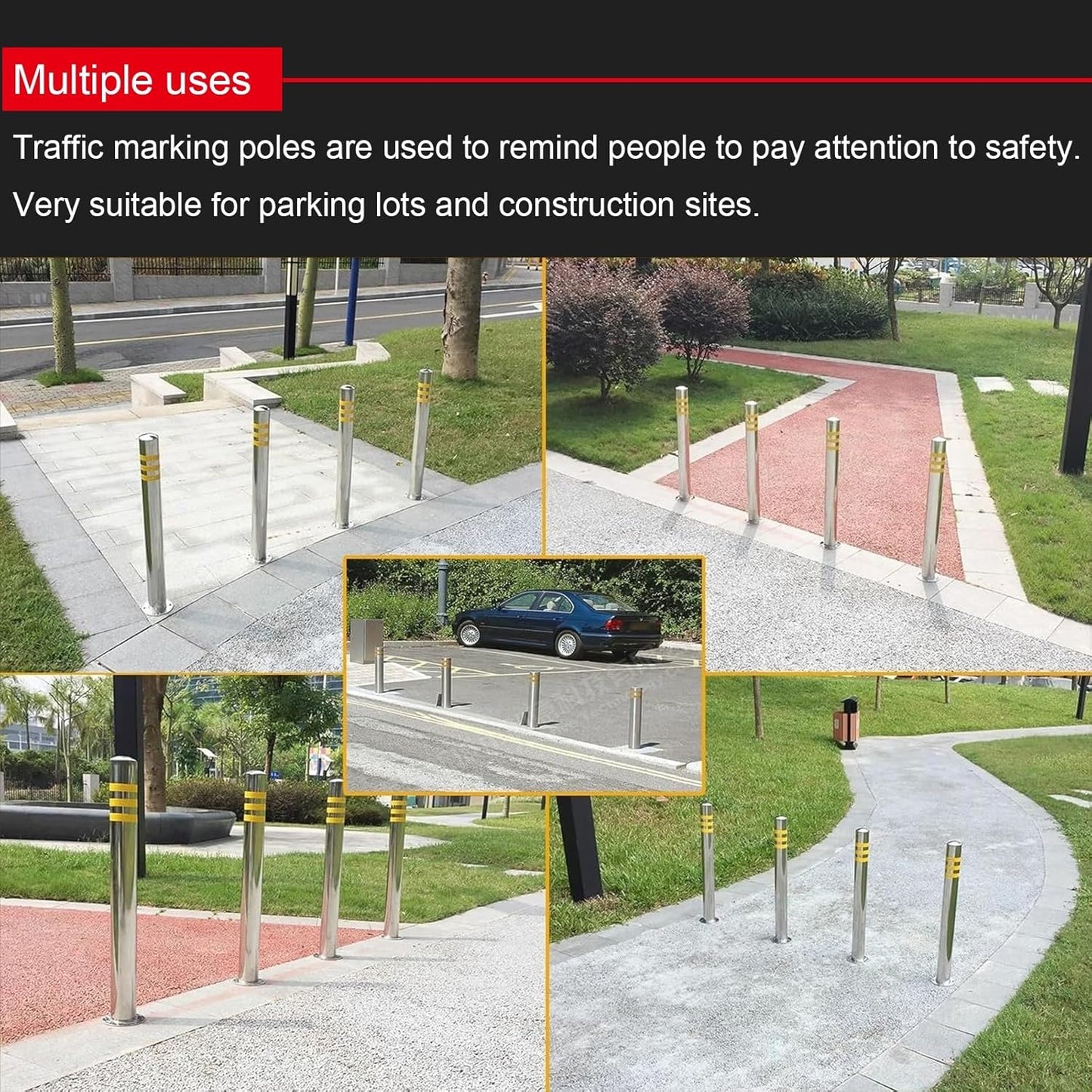 Stainless Steel Parking Bollards for Driveway, Industrial Safety Bollards Reflective Channelizer Post, Parking Barrier, Sturdy and Durable, Easy to Install, for Crowd Control(Silver (1pcs),8.9*60cm/3.