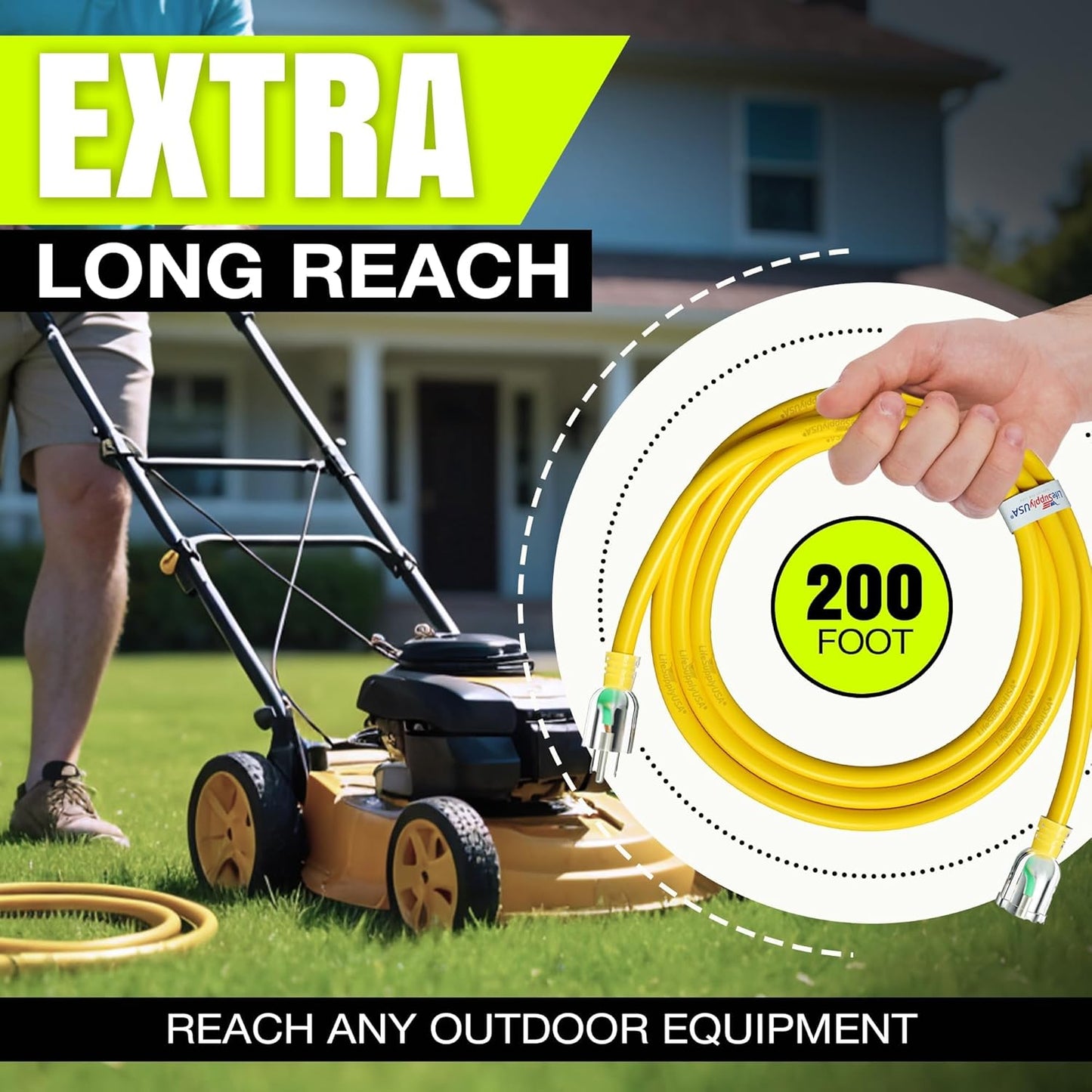 200ft Outdoor/Indoor Extension Cord 10/3 Gauge Ultra Heavy Duty 3 Prong SJTW, Waterproof, Flexible Cold-Resistant Long Power Cord,10A 125V 1250W, Yellow by LifeSupplyUSA