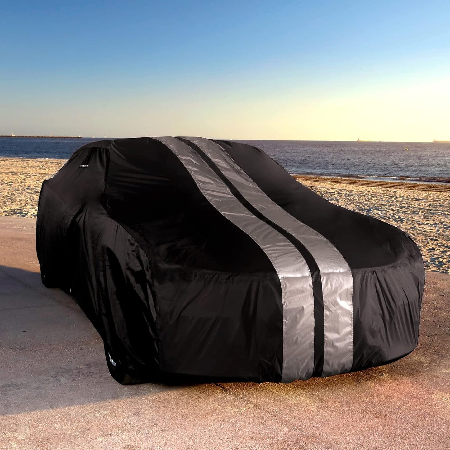 iCarCover Custom Car Cover for 1964-1968 Ford Mustang Waterproof All Weather Rain Snow UV Sun Protector Full Exterior Indoor Outdoor Car Cover (Stripe - Black/Gray)