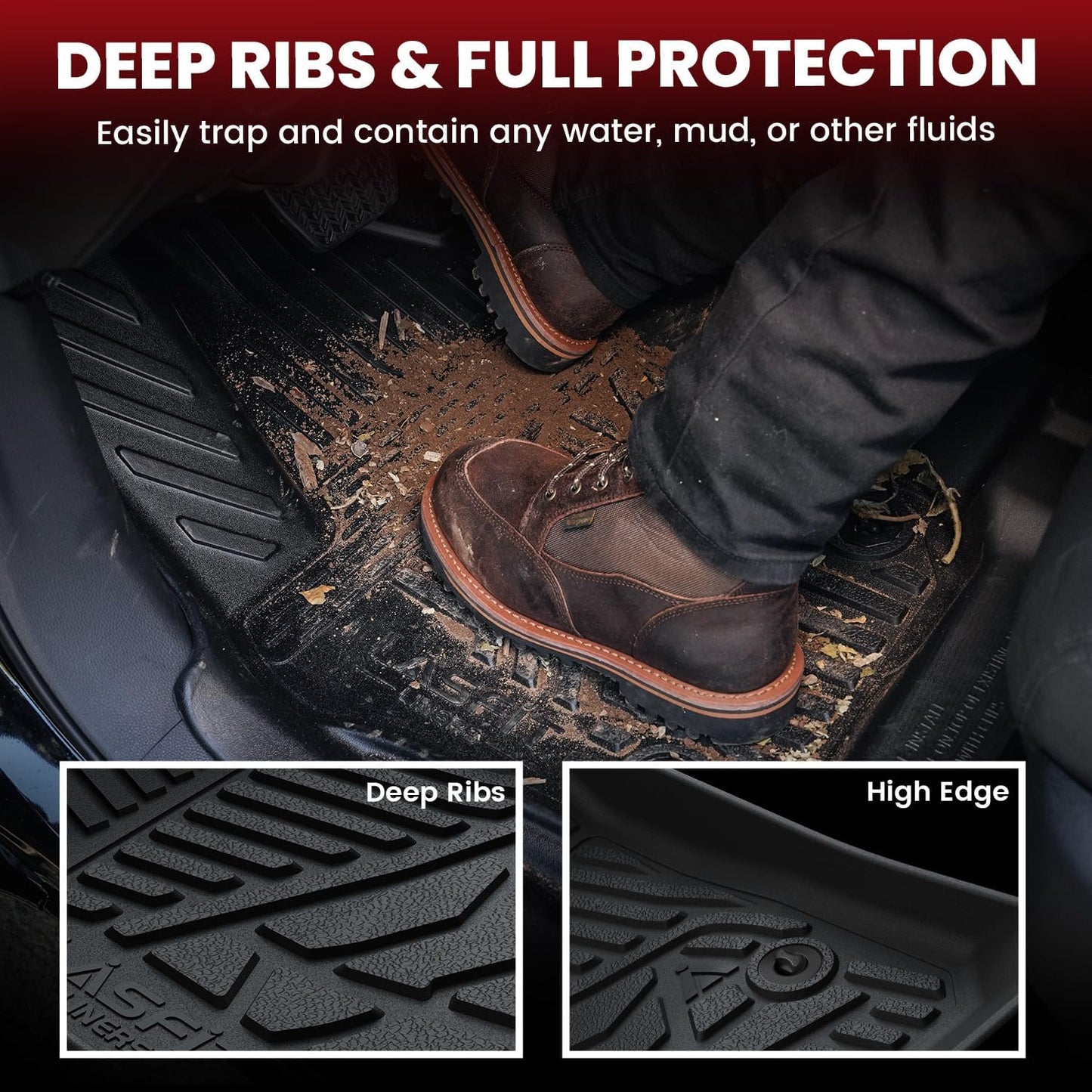 LASFIT Floor Mats 2014-2018 for Chevy Silverado/GMC Sierra 1500, 2015-2019 2500HD 3500 HD, Double Cab Only, 1st Row Bench Seat, All Weather TPE Custom Fit Car Floor Liners, with Carpet Floor Only