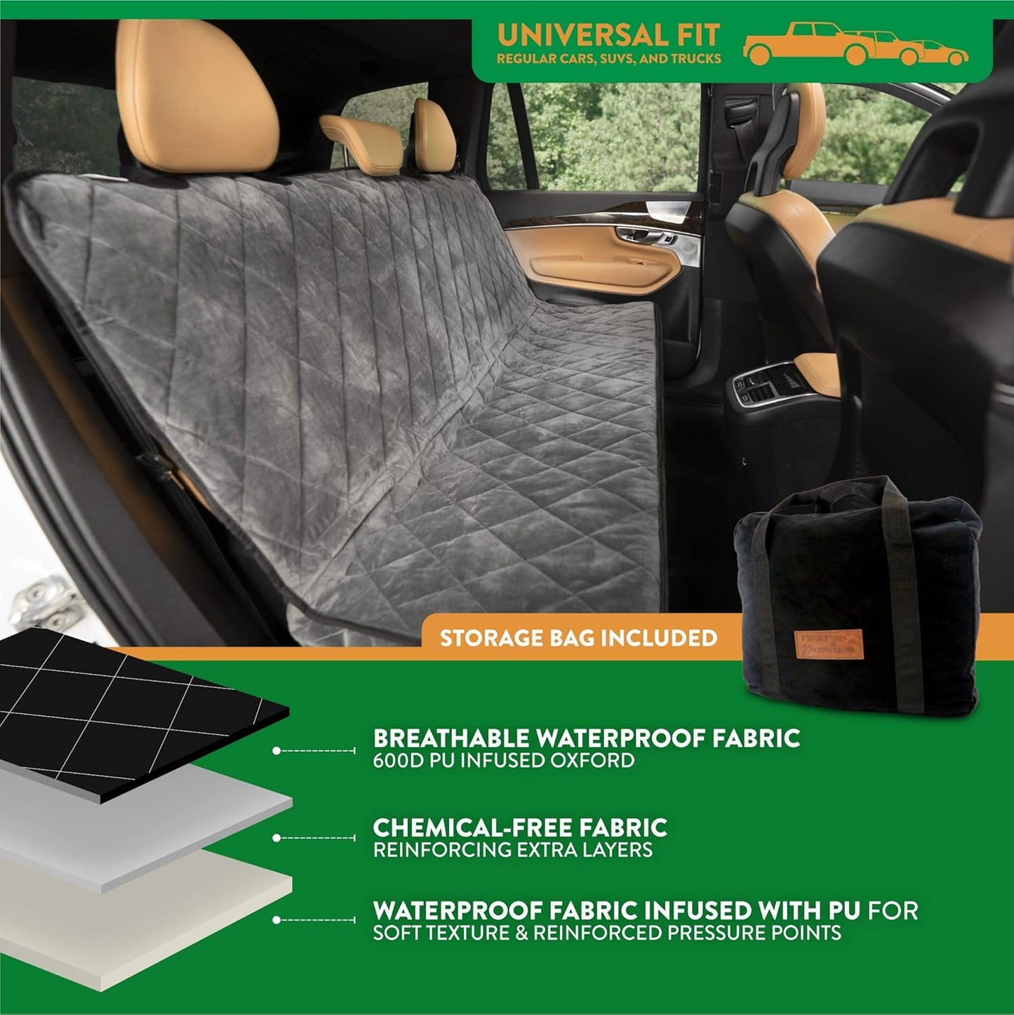 Plush Paws Products Velvet Rear Car Seat Protector w/o Hammock | Washable & Waterproof Back Seat Dog Cover for Car, Truck, & SUV | Nonslip, Tear Resistant Pet Seat Cover | Regular London Grey