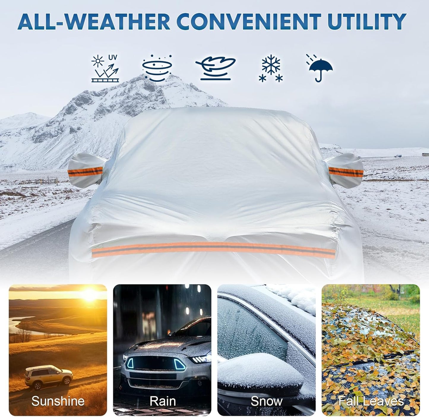 KEYOOG Car Cover, Fit for 230"-260" Length Pickup Truck, 6-Layer All-Weather Waterproof, Universal in All Seasons, Snow Prevention, Rainproof, Acid Rainproof, Sunscreen, Orange Reflective Strip