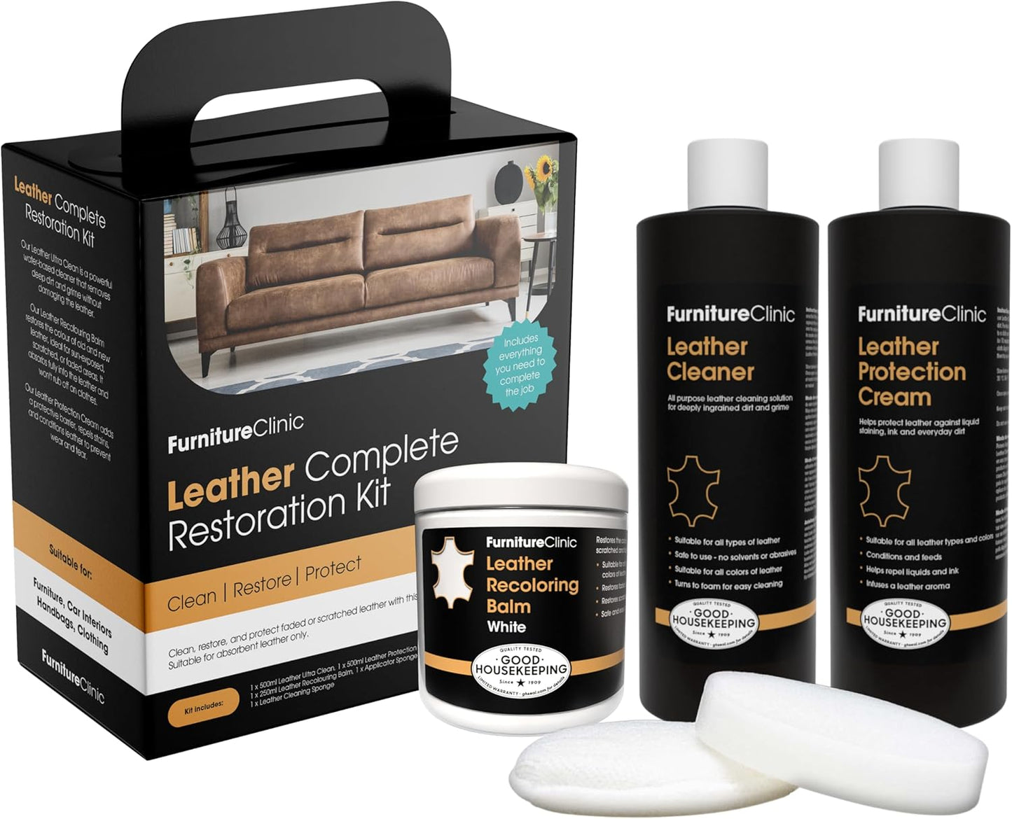 Furniture Clinic Leather Complete Restoration Kit | with Leather Recoloring Balm, Cleaner, 2-in-1 Protection Cream & Conditioner, Sponge, and Cloth | Repair Kit for Furniture (White)