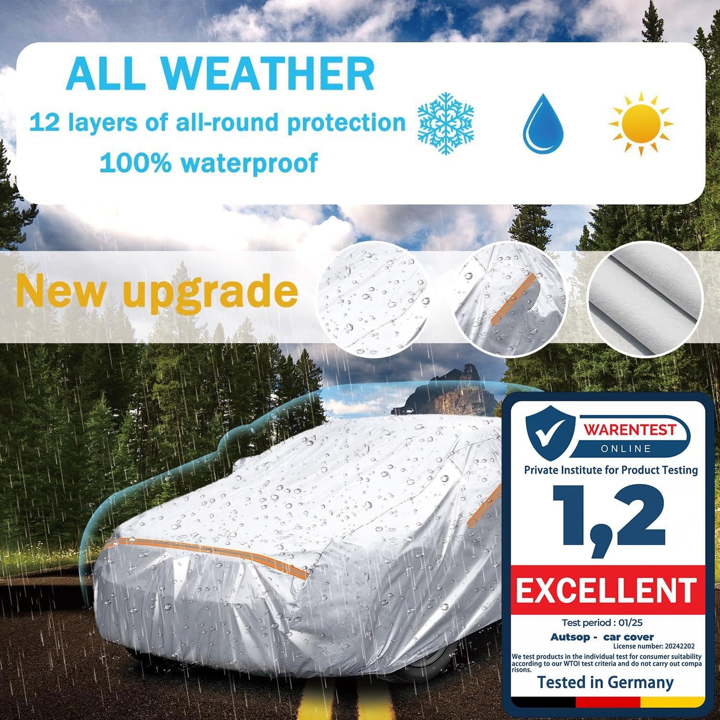 Autsop Car Cover Waterproof All Weather,12-Layer Car Covers for Automobiles Outdoor Heavy Duty Full Exterior Covers for Hatchback(Up to 177 inch)