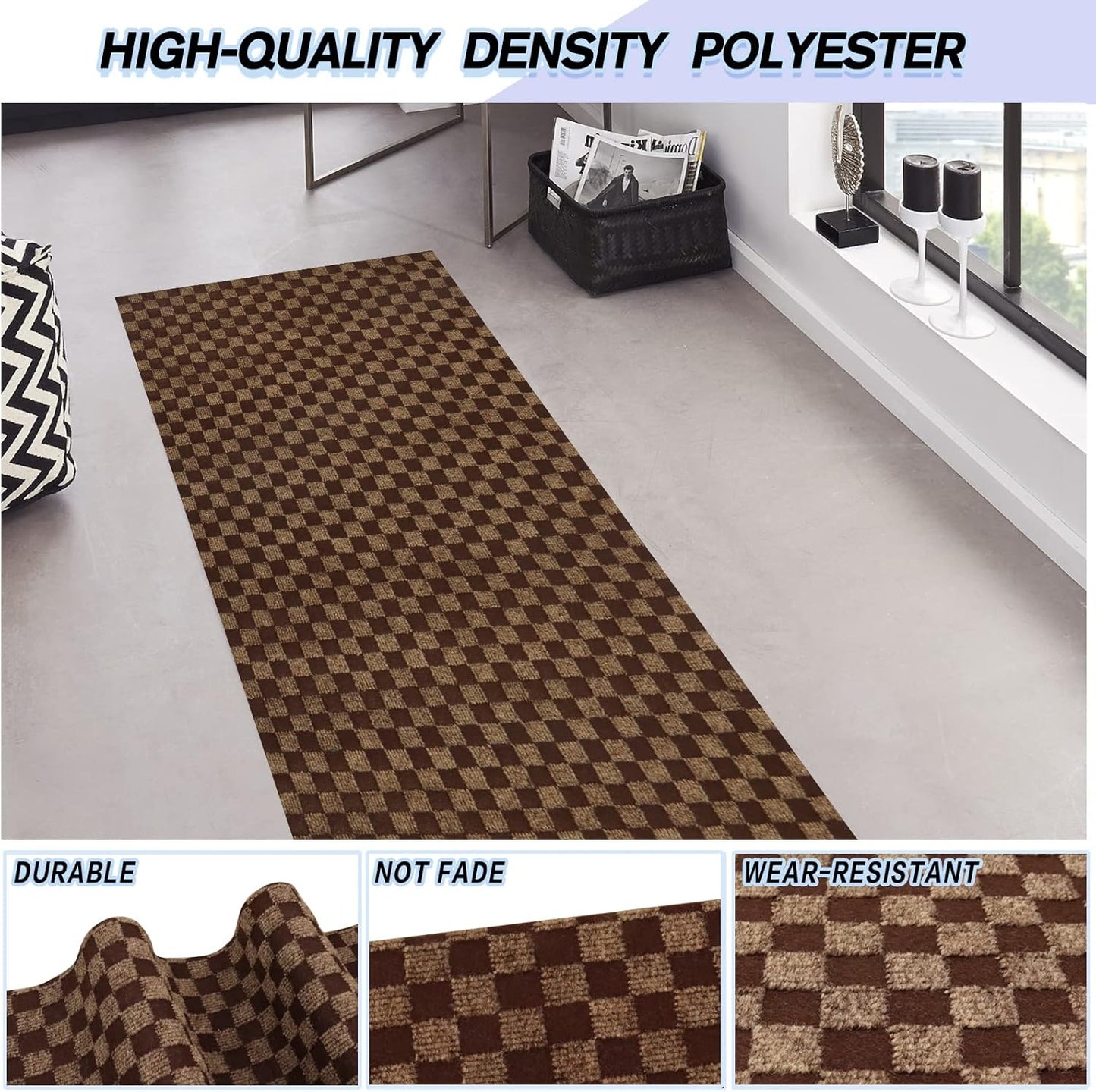 Custom Size Backed Non-Slip Area Rugs Runner, Easy Clean, Waterproof Runner Rugs for Hallway Entryway, Kitchen, Laundry, 2FT x 79FT, Brown Checkered