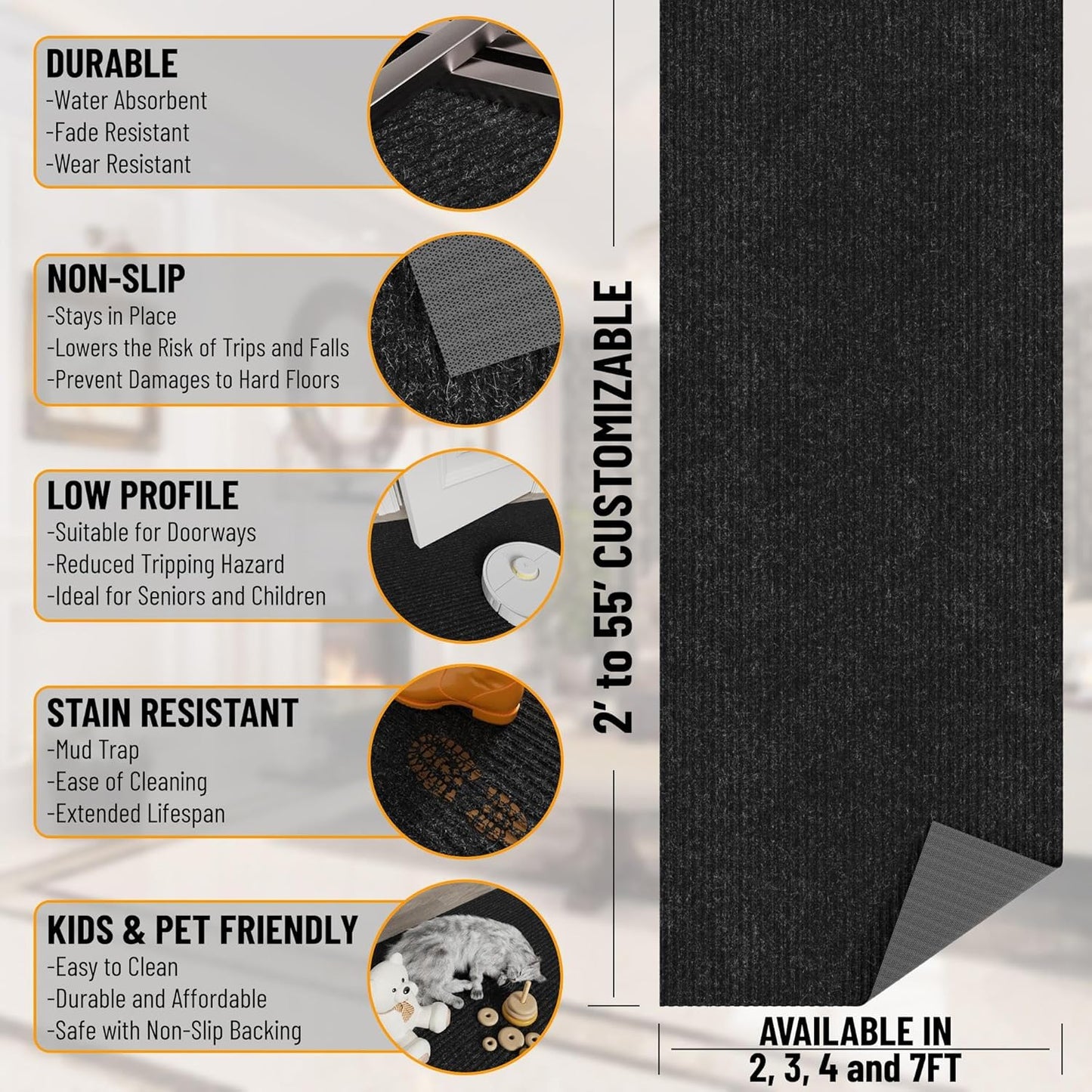 Ottomanson 2'7" x 50' Hallway Runner with Scraper Pile - Extra Durable Non-Slip Rug Mat for Indoor & Outdoor Use - Ideal for Kitchen, Entryway & Garage - High-Traffic Carpet, Black
