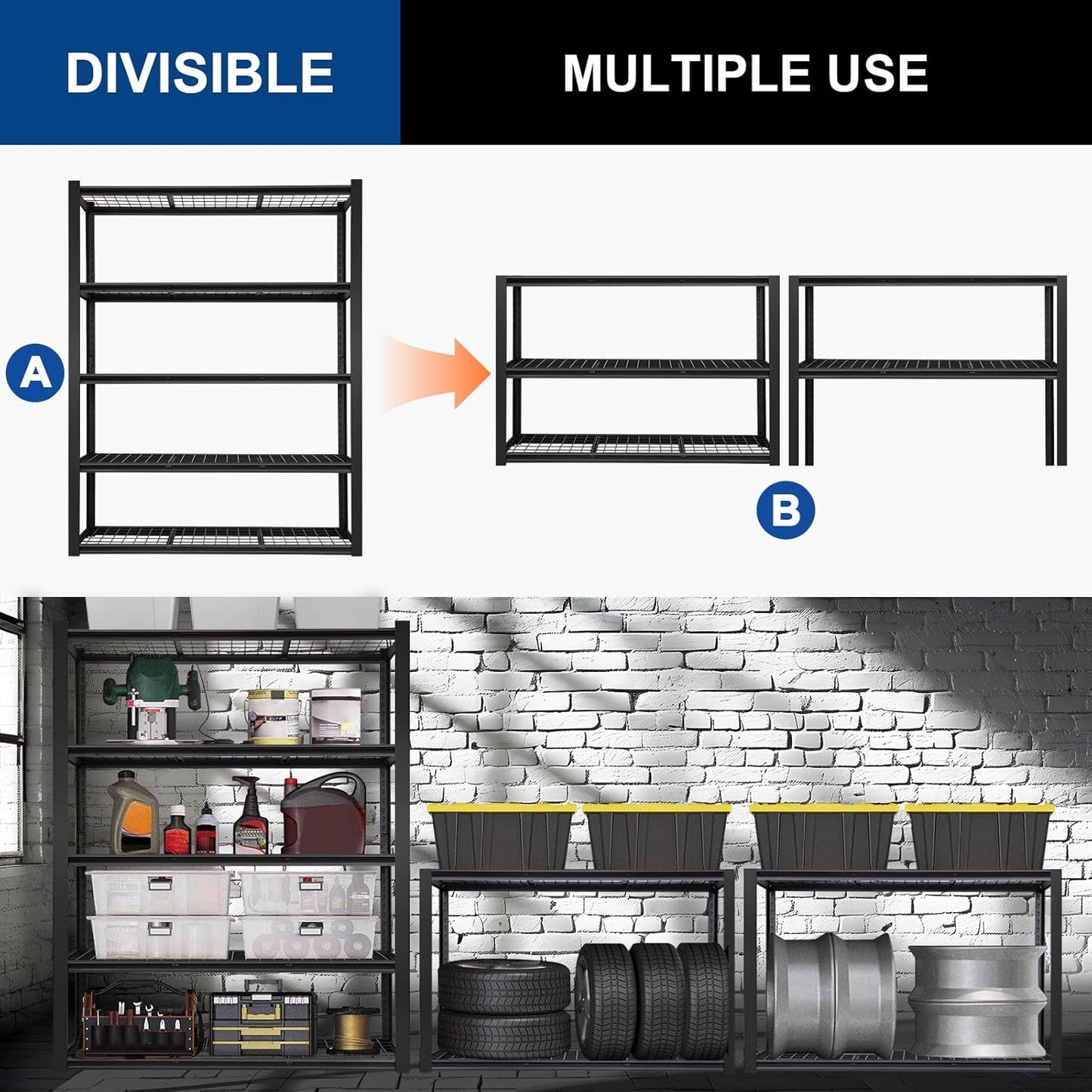 BILT HARD 48" W x 24" D Garage Shelving 3500 LBS, 72" H Storage Shelves, Industrial 5-Tier Heavy Duty Storage Shelves, Steel Shelving with Adjustable Rack, Ideal for Garage, Black