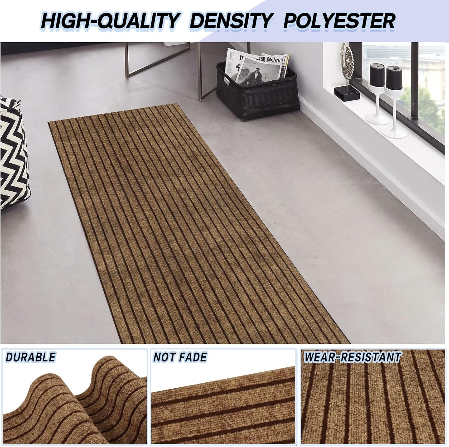 Custom Size Backed Non-Slip Area Rugs Runner, Easy Clean, Waterproof Runner Rugs for Hallway Entryway, Kitchen, Laundry, 3FT x 14FT, Brown Stripe