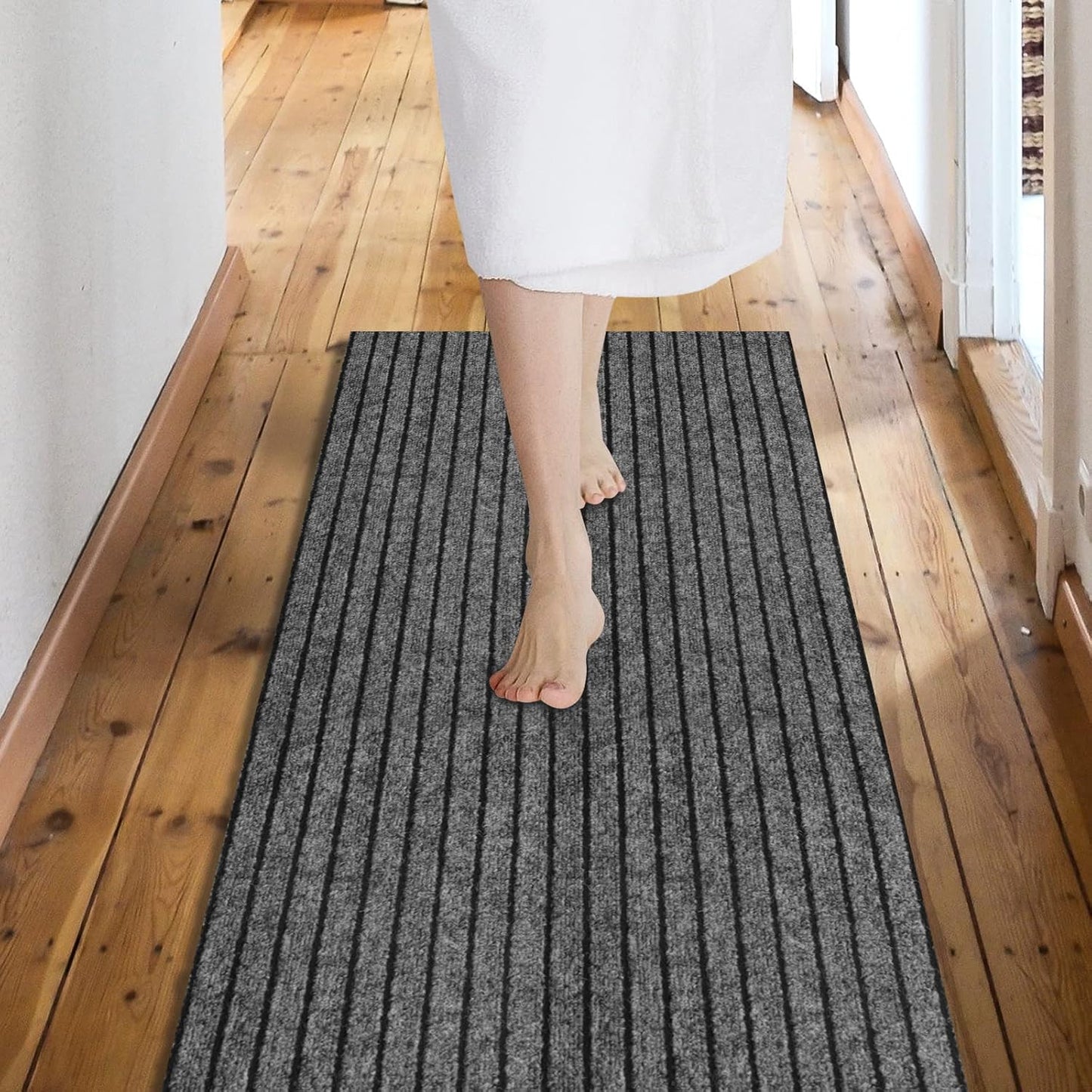 Custom Size Backed Non-Slip Area Rugs Runner, Easy Clean, Waterproof Runner Rugs for Hallway Entryway, Kitchen, Laundry, 4FT x 80FT, Gray Stripe